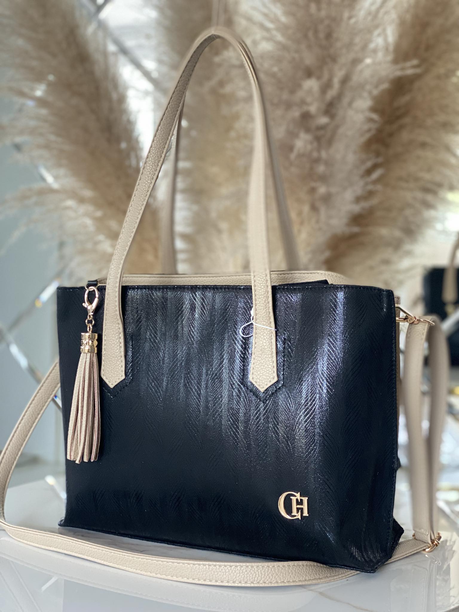 Torebka Chiara Design shopper czarna beżowa