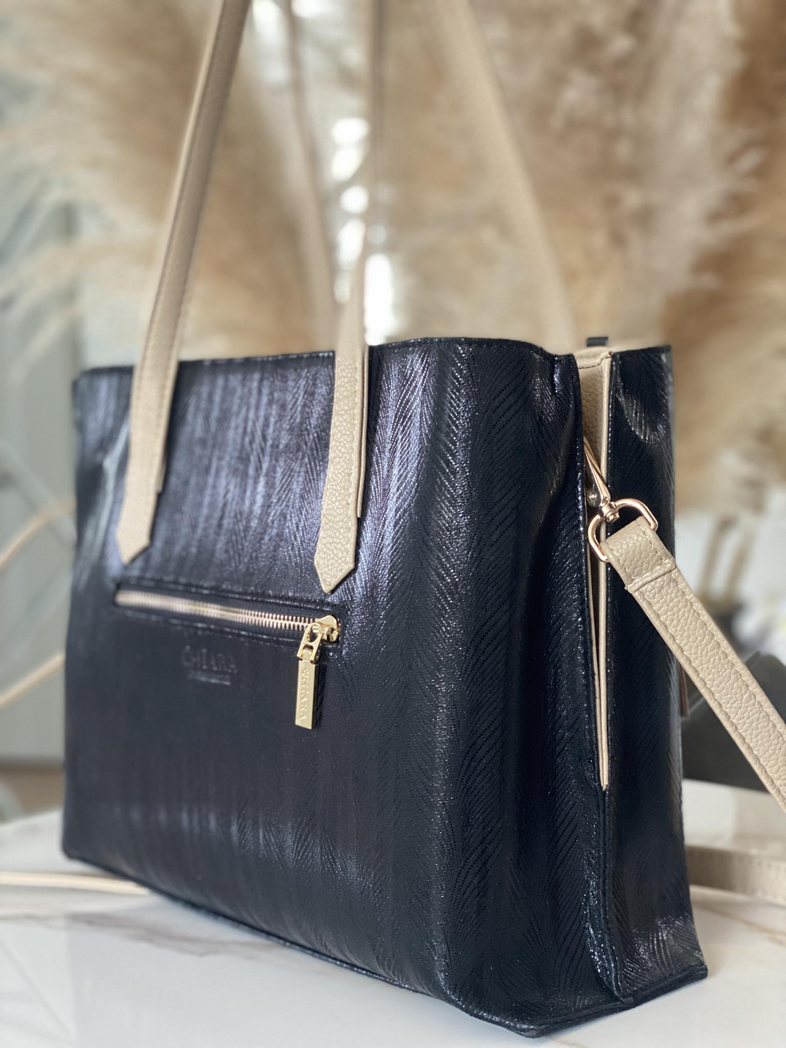 Torebka Chiara Design shopper czarna beżowa - obrazek 4
