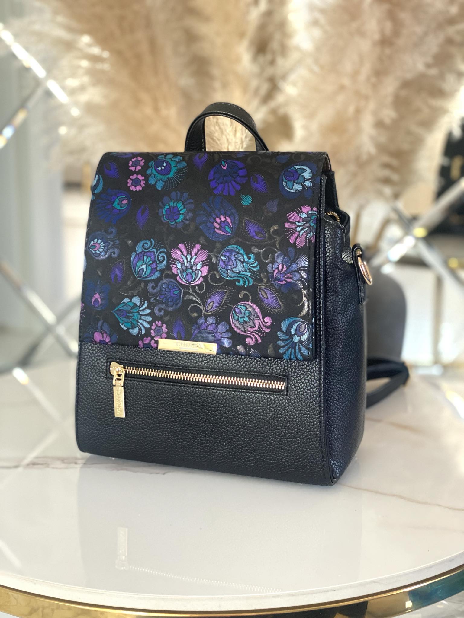 Torebka plecak Chiara Design 2w1 czarna kwiaty
