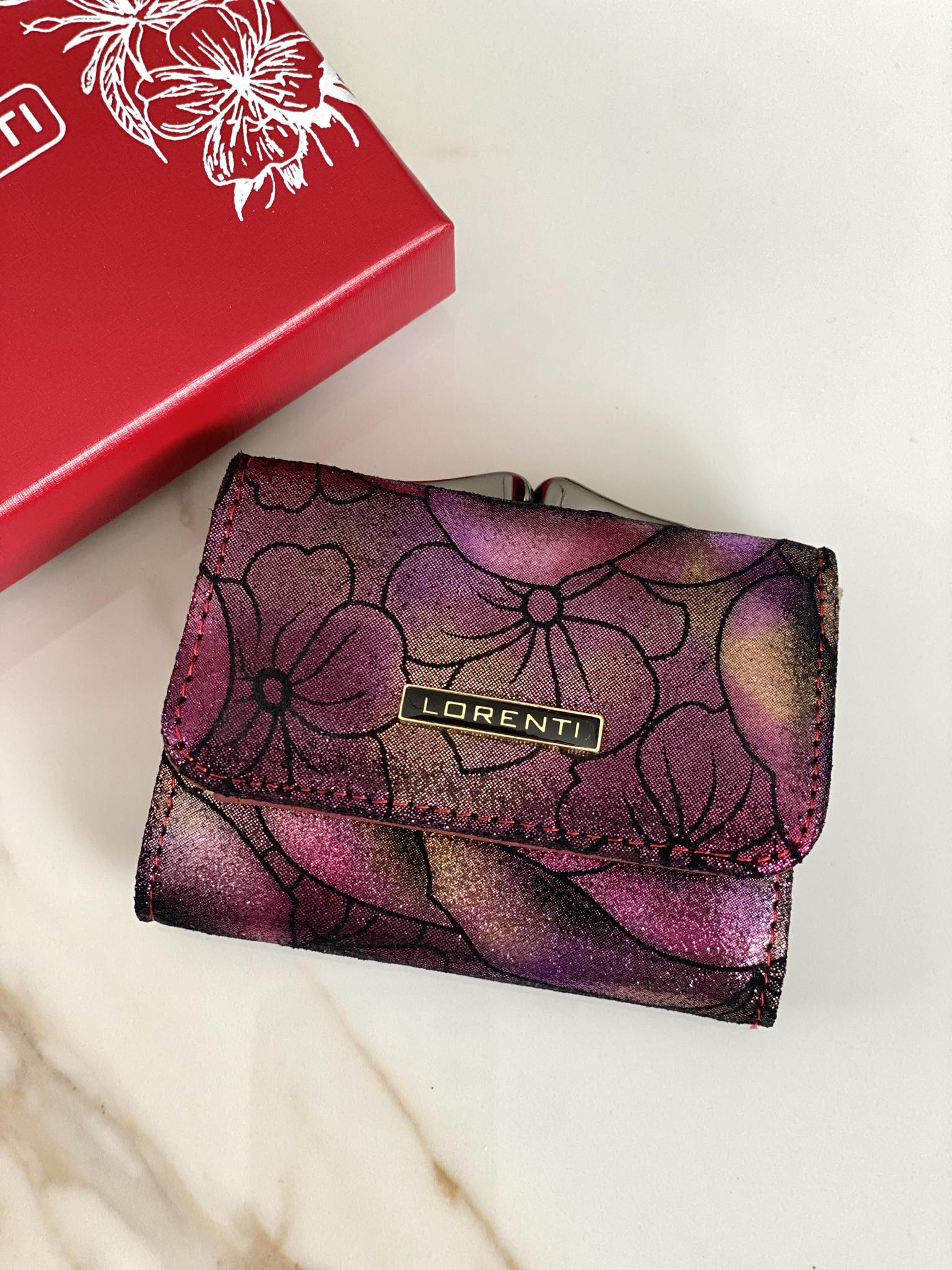Portfel LORENTI skóra naturalna róż purpurowy kwiaty