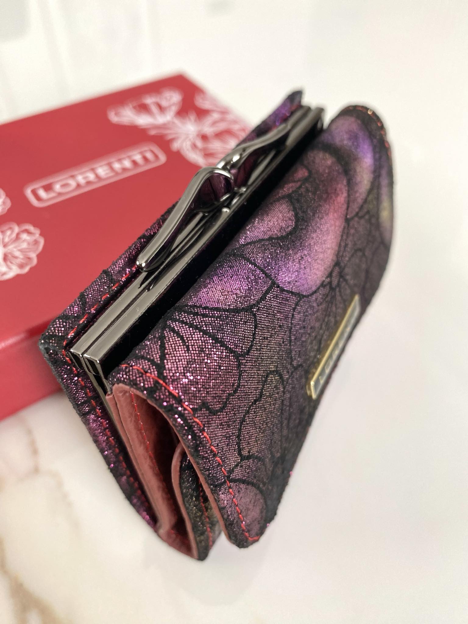 Portfel LORENTI skóra naturalna róż purpurowy kwiaty - obrazek 6