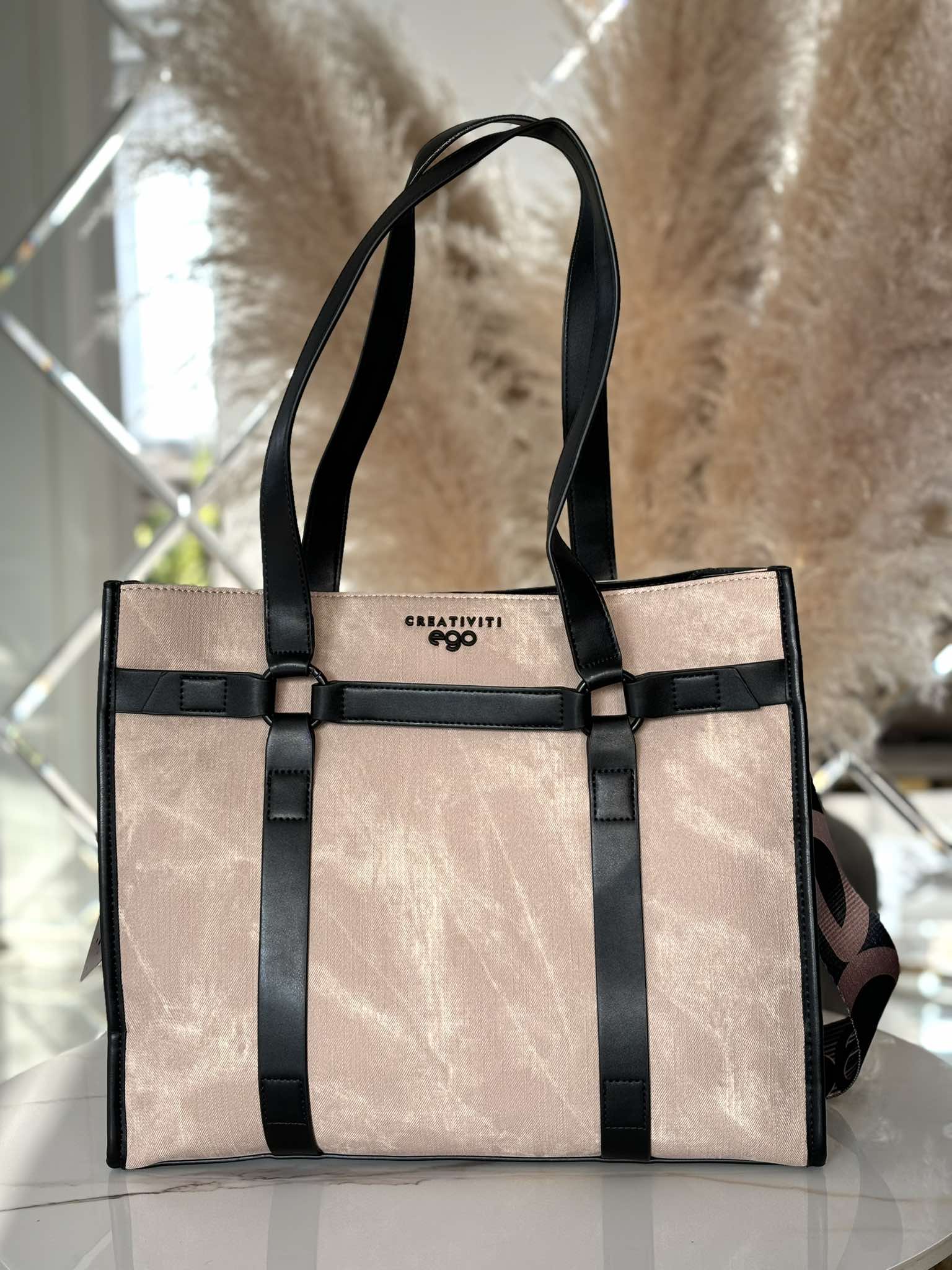 Torebka EGO shopper na ramię FORMATICA Premium czarna beżowa - obrazek 2
