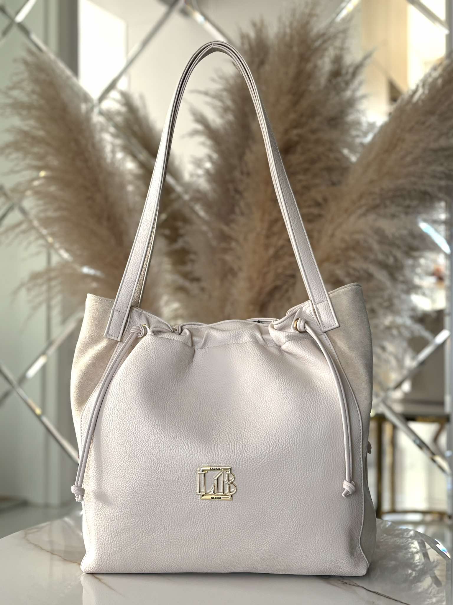 Torebka Laura Biaggi shopper na ramię beżowa - obrazek 2
