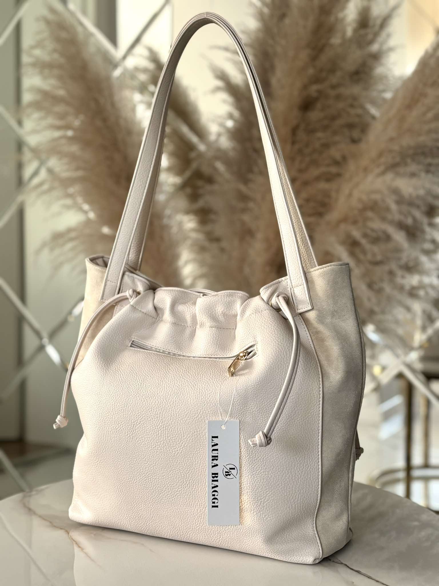 Torebka Laura Biaggi shopper na ramię beżowa - obrazek 4