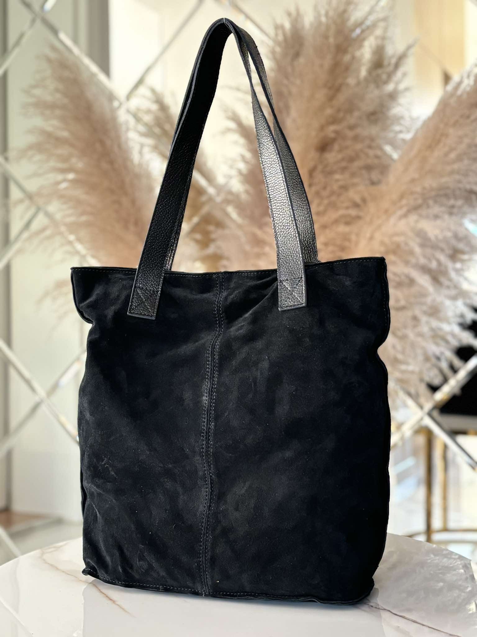 Torebka Laura Biaggi shopper skóra naturalna na ramię czarna zamsz