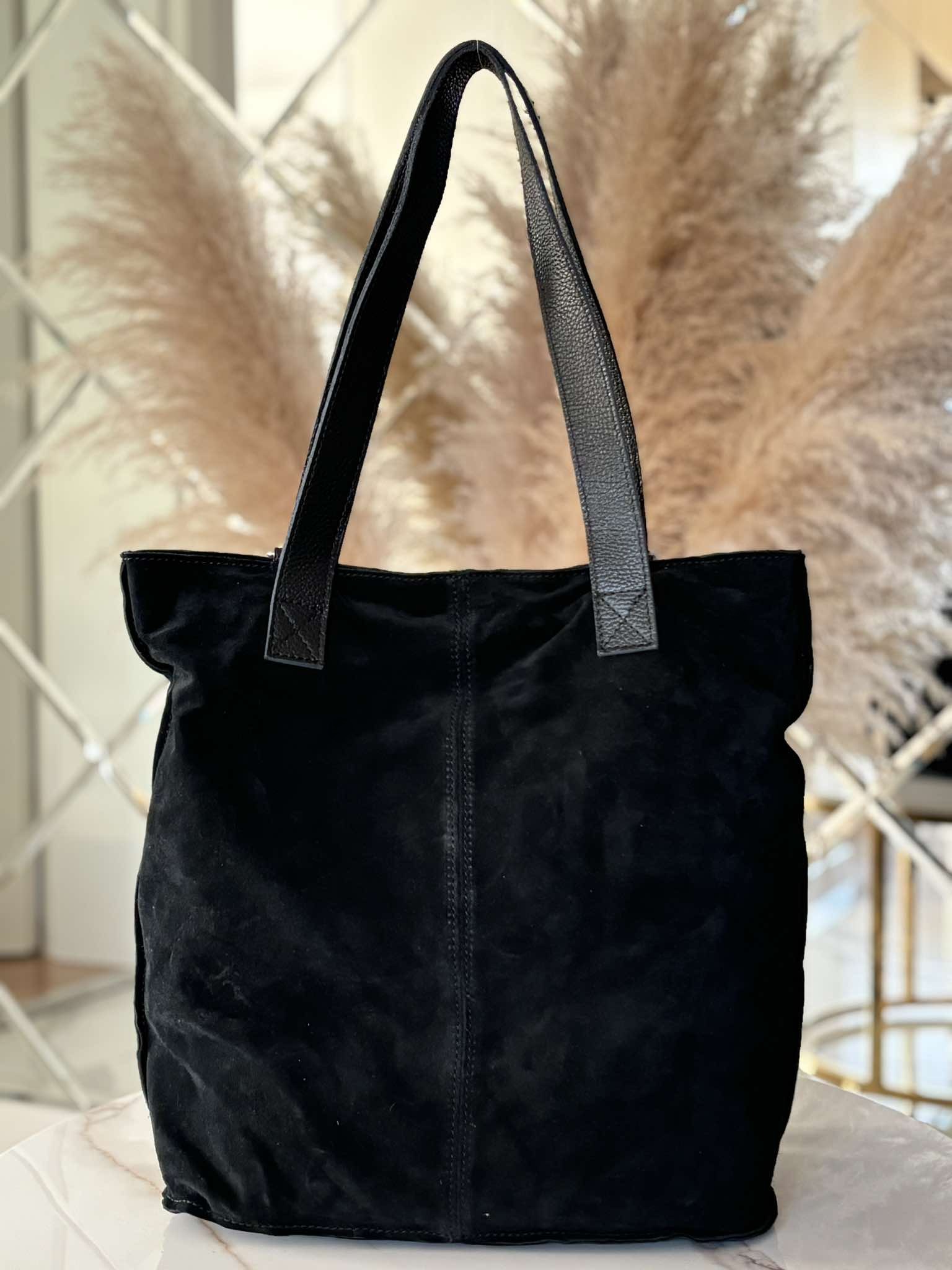 Torebka Laura Biaggi shopper skóra naturalna na ramię czarna zamsz - obrazek 2