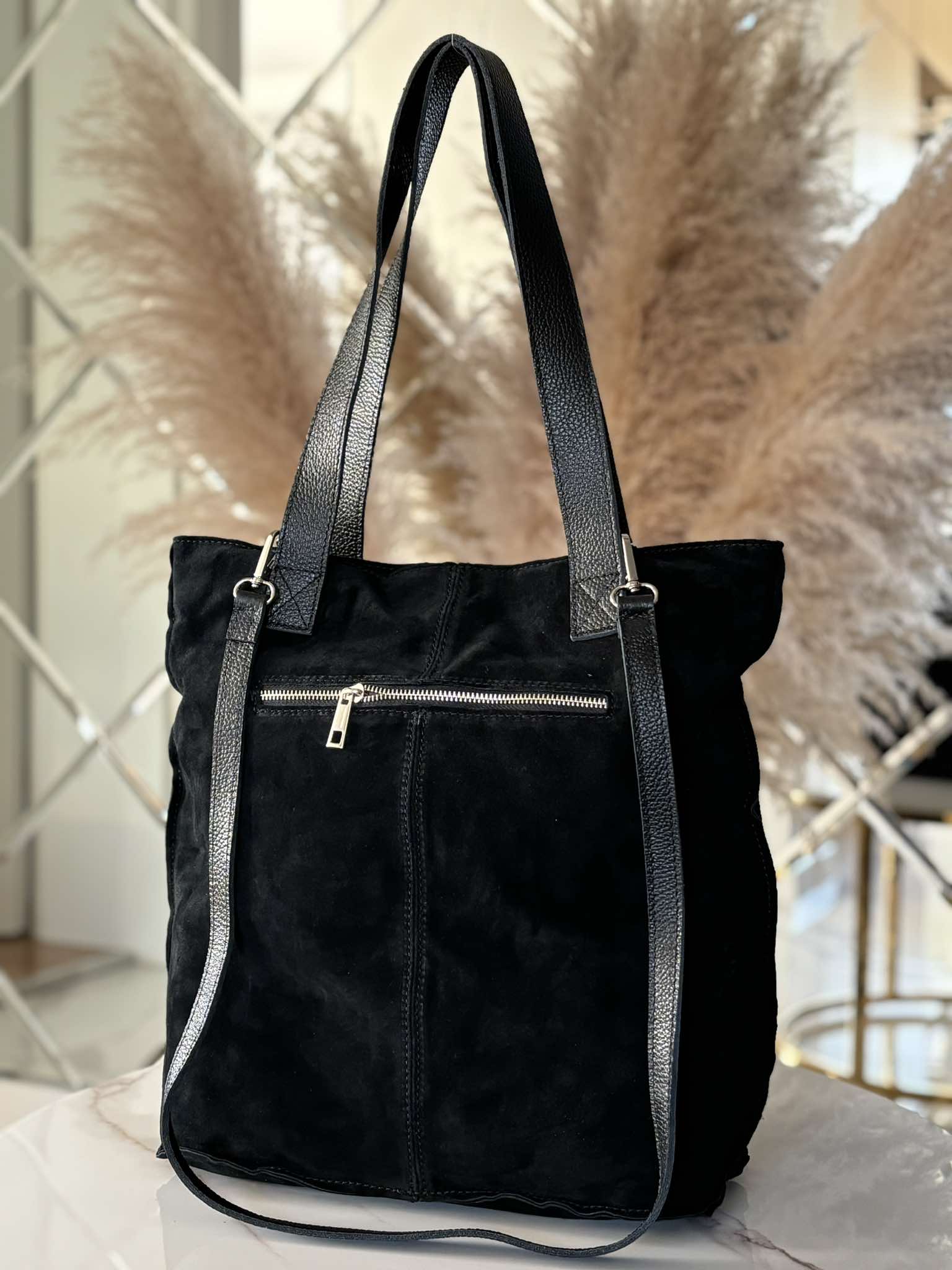 Torebka Laura Biaggi shopper skóra naturalna na ramię czarna zamsz - obrazek 3