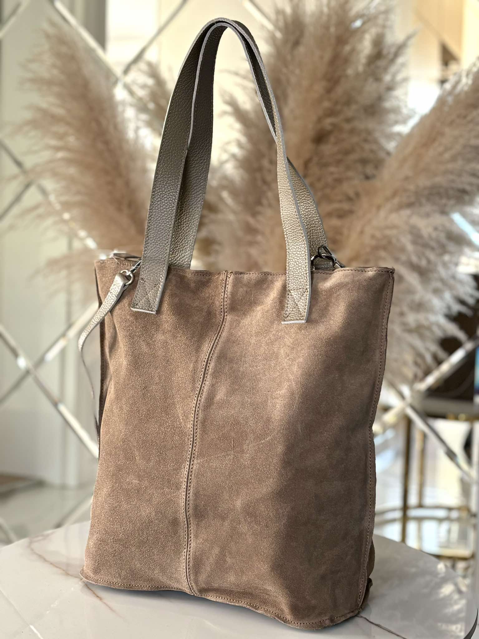 Torebka Laura Biaggi shopper skóra naturalna na ramię beżowa taupe zamsz