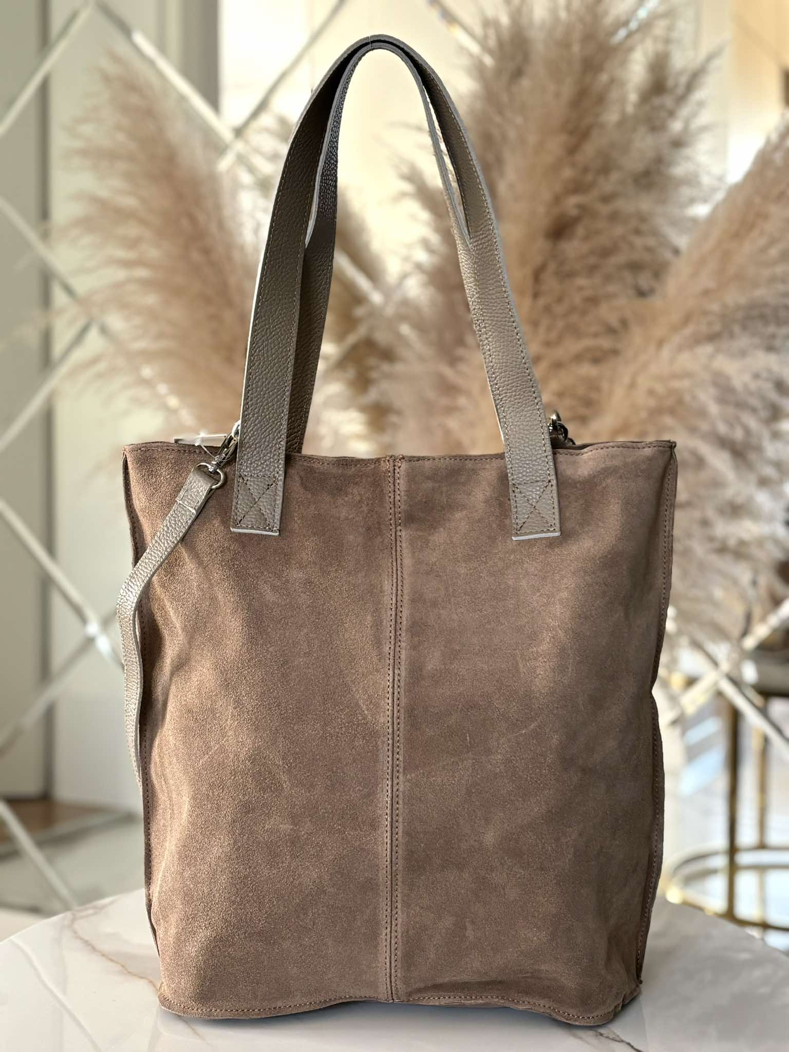 Torebka Laura Biaggi shopper skóra naturalna na ramię beżowa taupe zamsz - obrazek 2