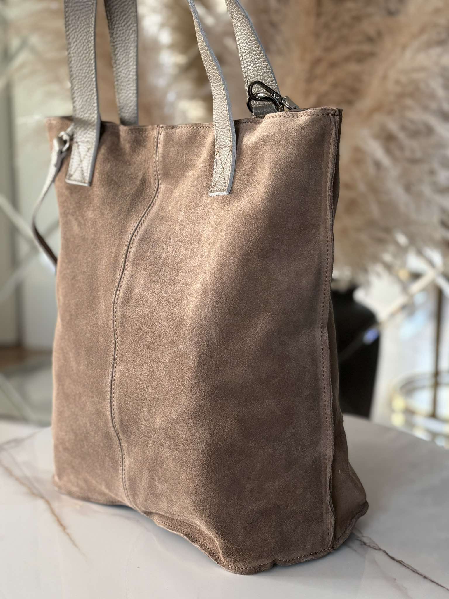 Torebka Laura Biaggi shopper skóra naturalna na ramię beżowa taupe zamsz - obrazek 3