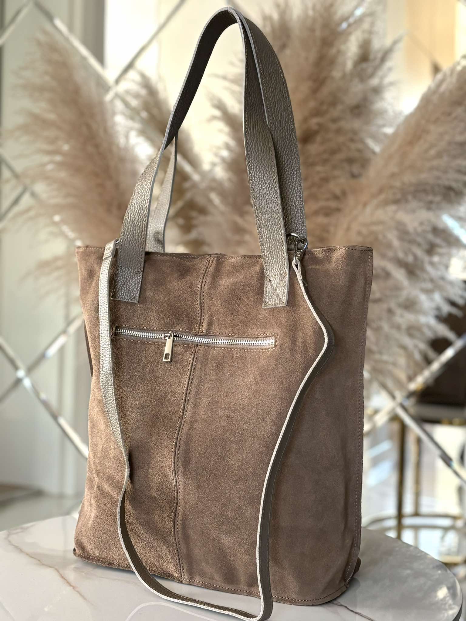 Torebka Laura Biaggi shopper skóra naturalna na ramię beżowa taupe zamsz - obrazek 4