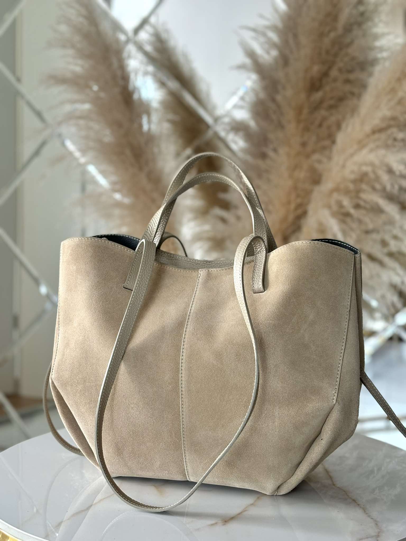 Torebka POLENKA skóra naturalna shopper kuferek 2w1 beżowa zamsz