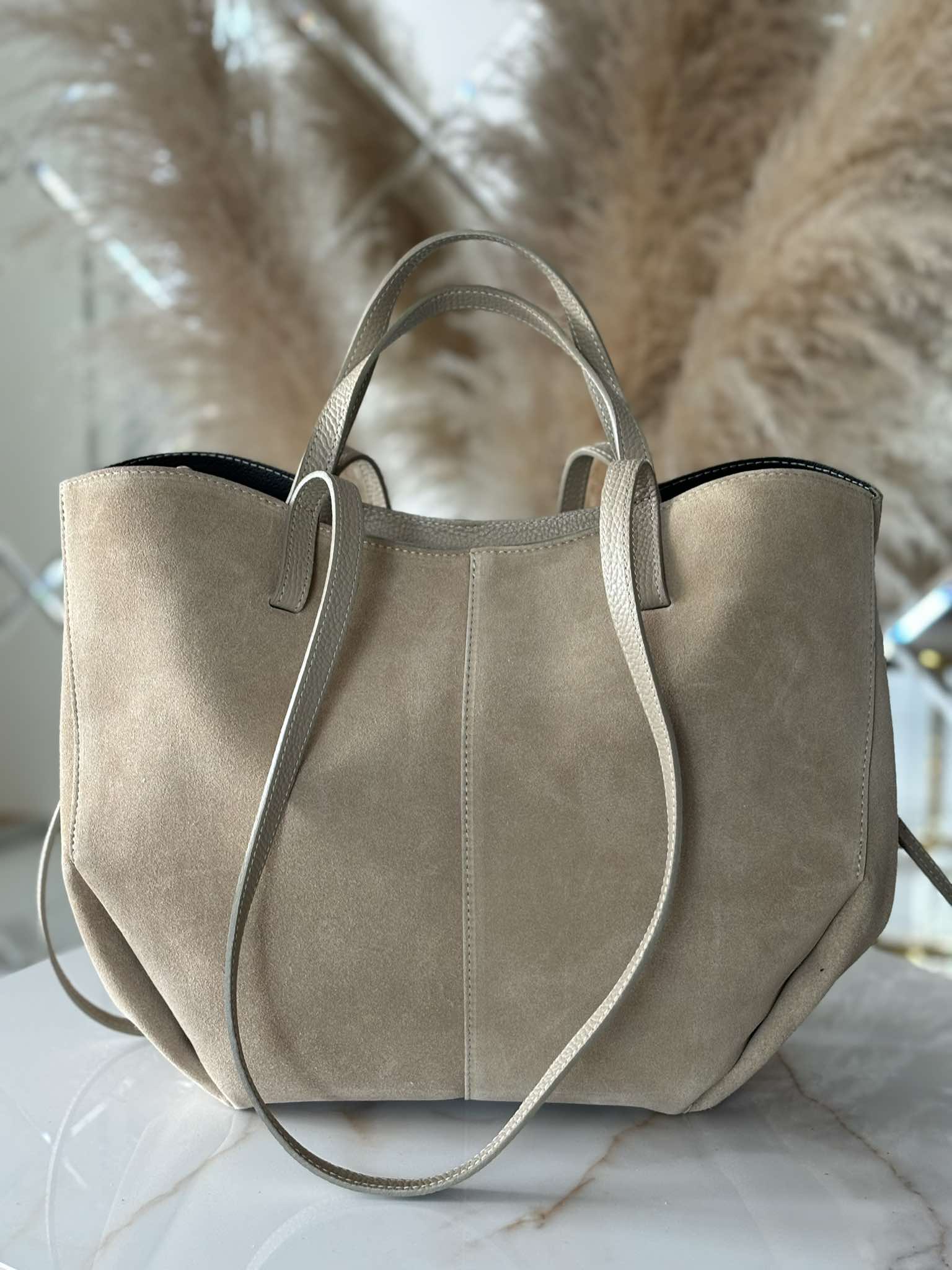 Torebka POLENKA skóra naturalna shopper kuferek 2w1 beżowa zamsz - obrazek 2