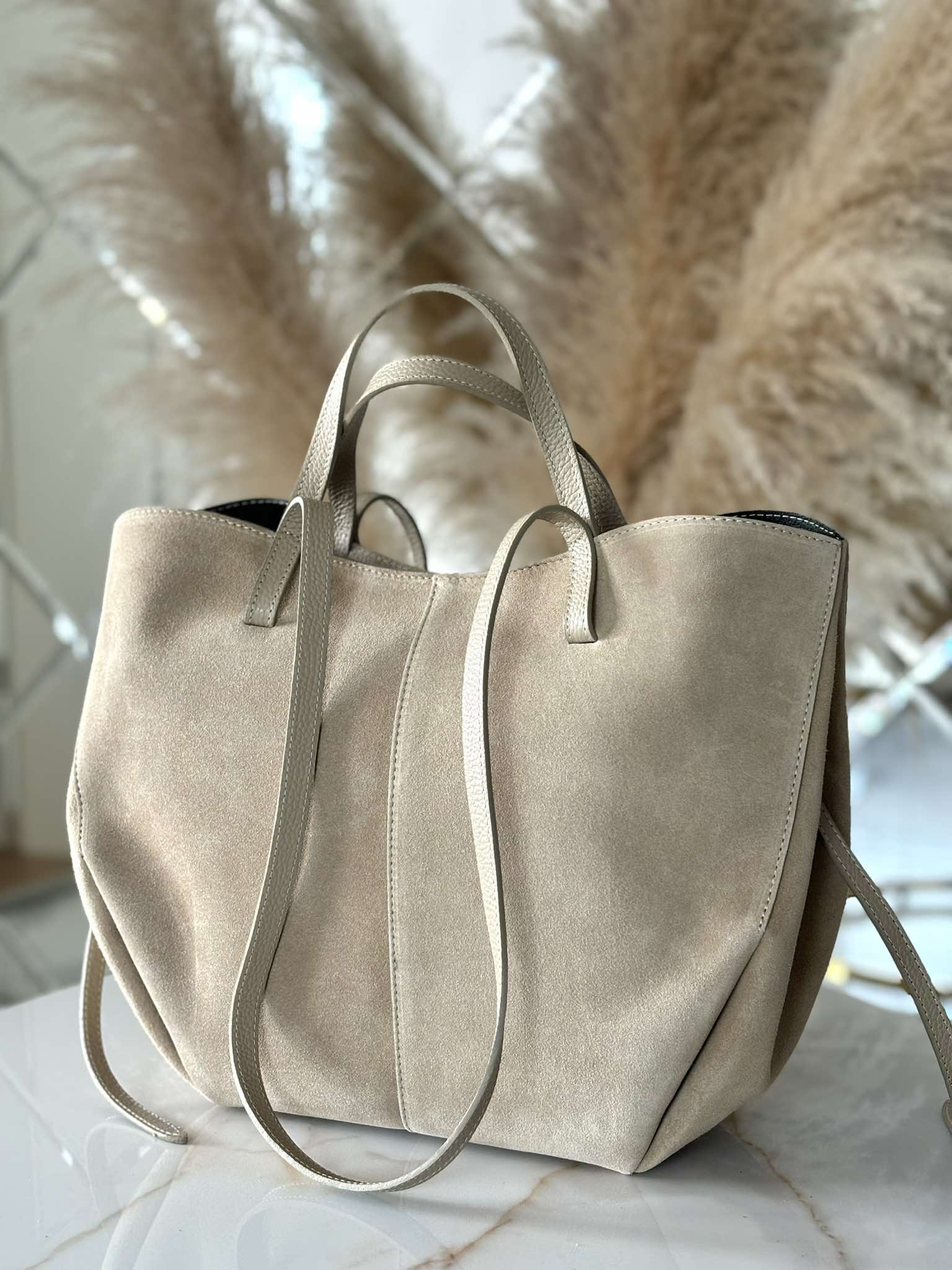 Torebka POLENKA skóra naturalna shopper kuferek 2w1 beżowa zamsz - obrazek 4