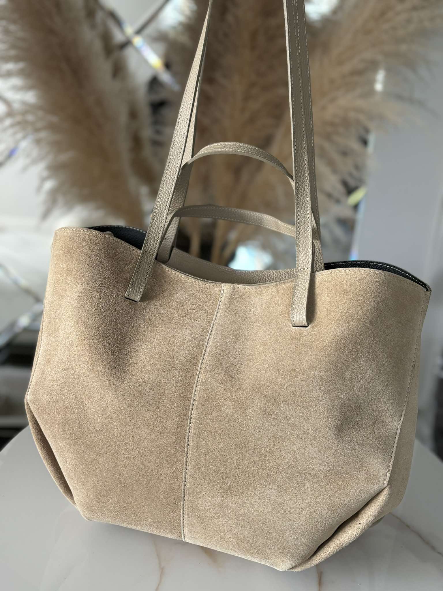 Torebka POLENKA skóra naturalna shopper kuferek 2w1 beżowa zamsz - obrazek 9