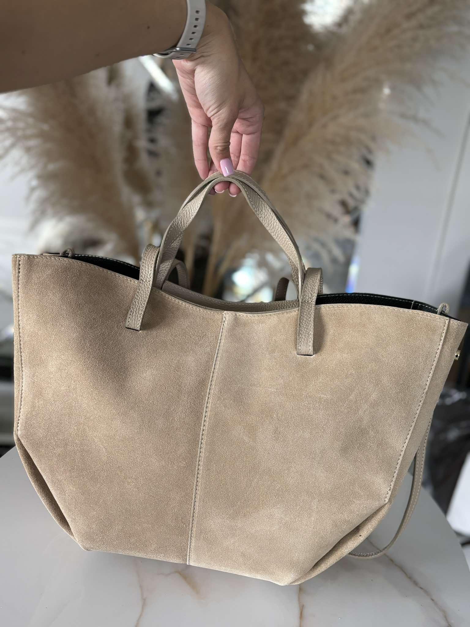 Torebka POLENKA skóra naturalna shopper kuferek 2w1 beżowa zamsz - obrazek 8