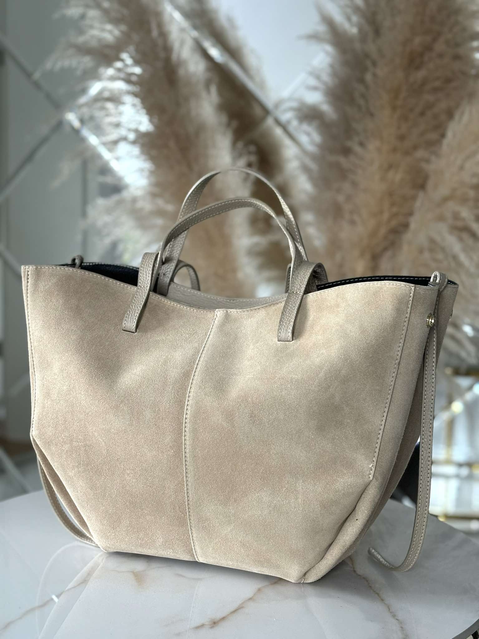 Torebka POLENKA skóra naturalna shopper kuferek 2w1 beżowa zamsz - obrazek 5