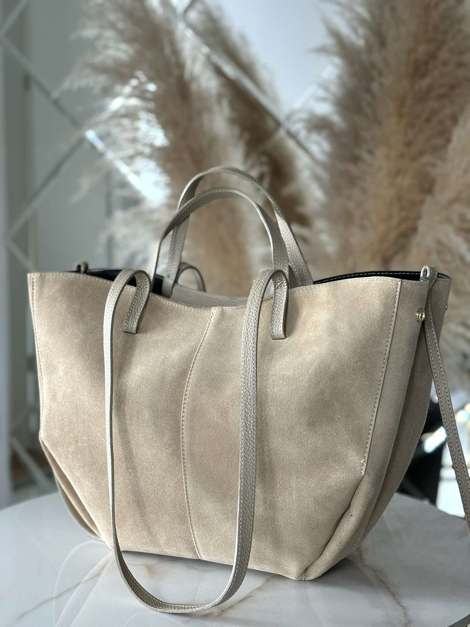 Torebka POLENKA skóra naturalna shopper kuferek 2w1 beżowa zamsz - obrazek 6