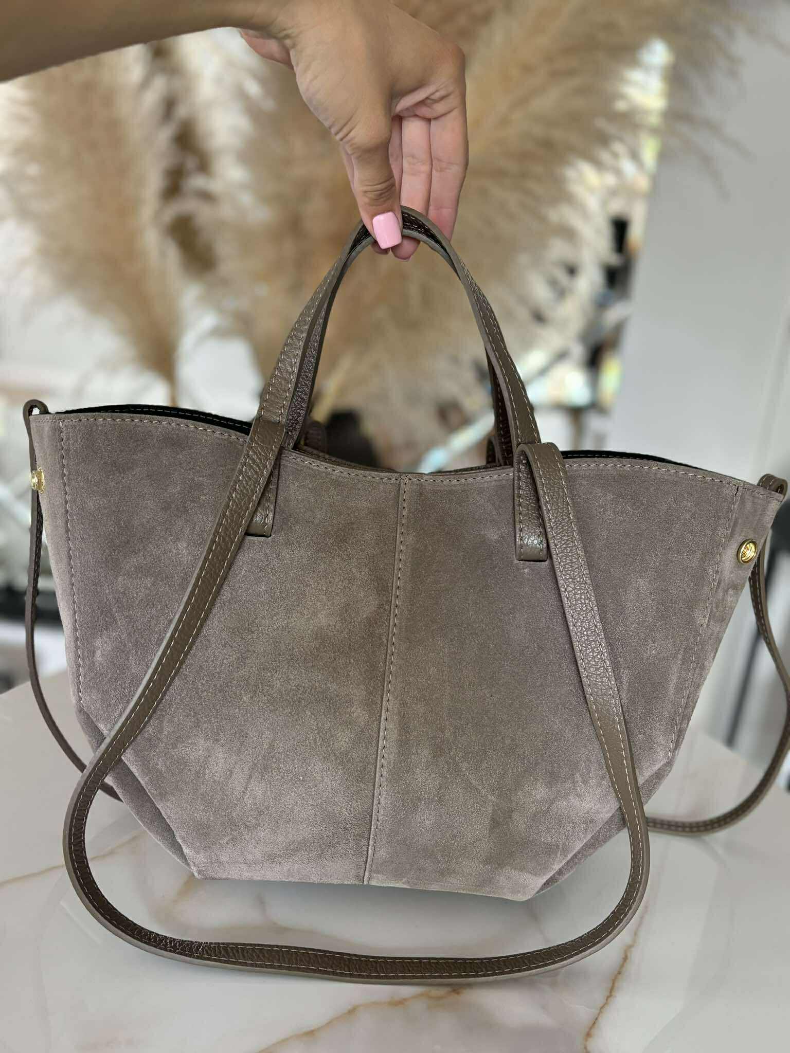 Torebka POLENKA skóra naturalna shopper kuferek 2w1 fango zamsz - obrazek 8