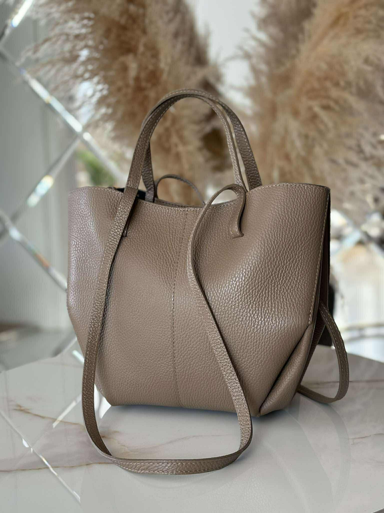 Torebka POLENKA skóra naturalna shopper kuferek 2w1 ciemny beż