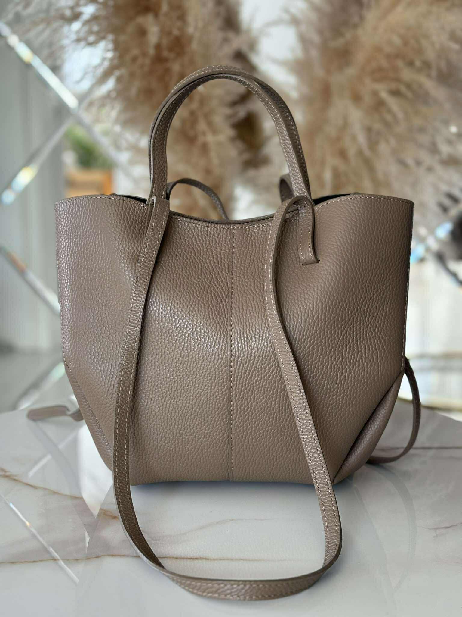 Torebka POLENKA skóra naturalna shopper kuferek 2w1 ciemny beż - obrazek 2