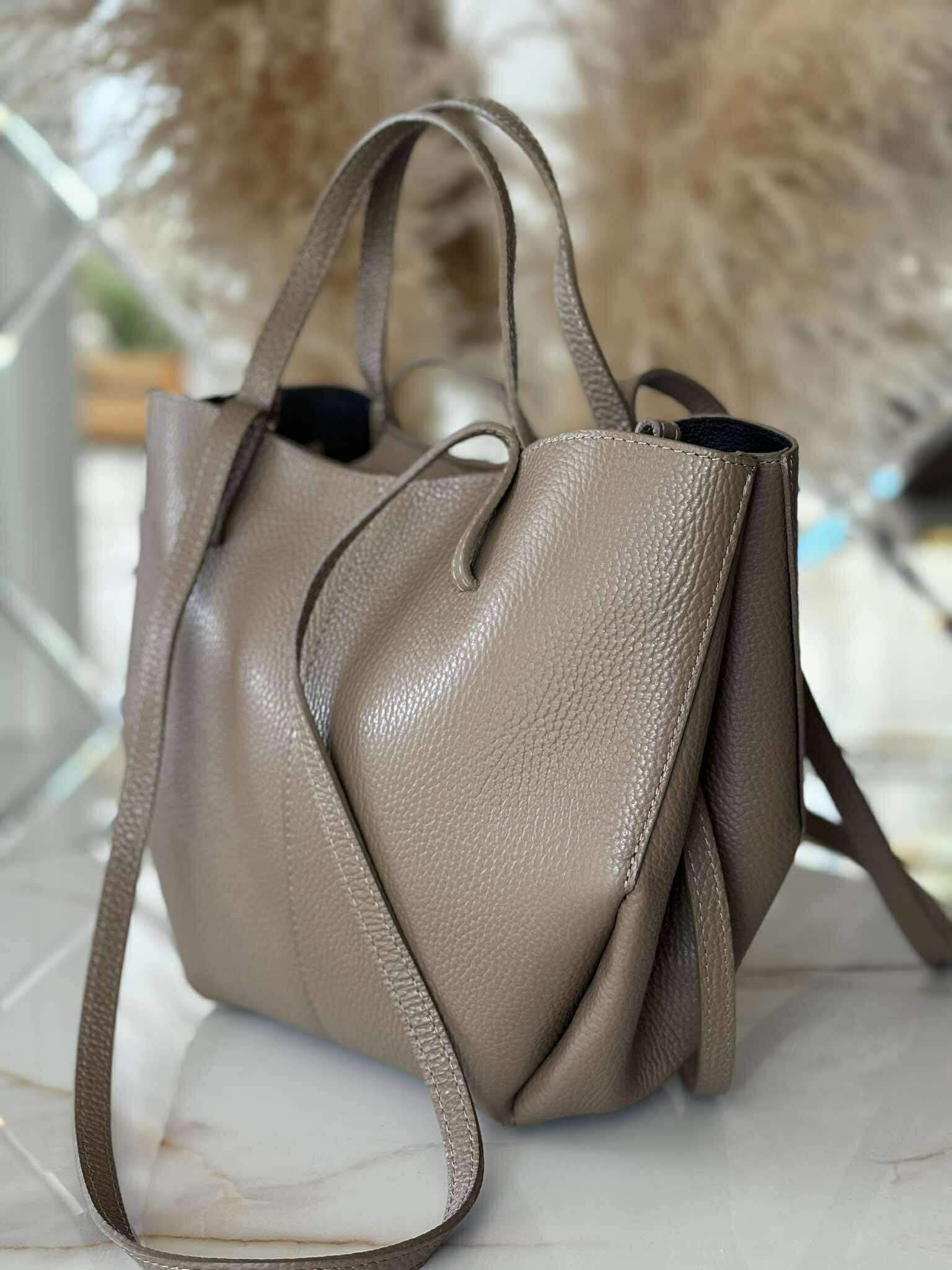 Torebka POLENKA skóra naturalna shopper kuferek 2w1 ciemny beż - obrazek 3