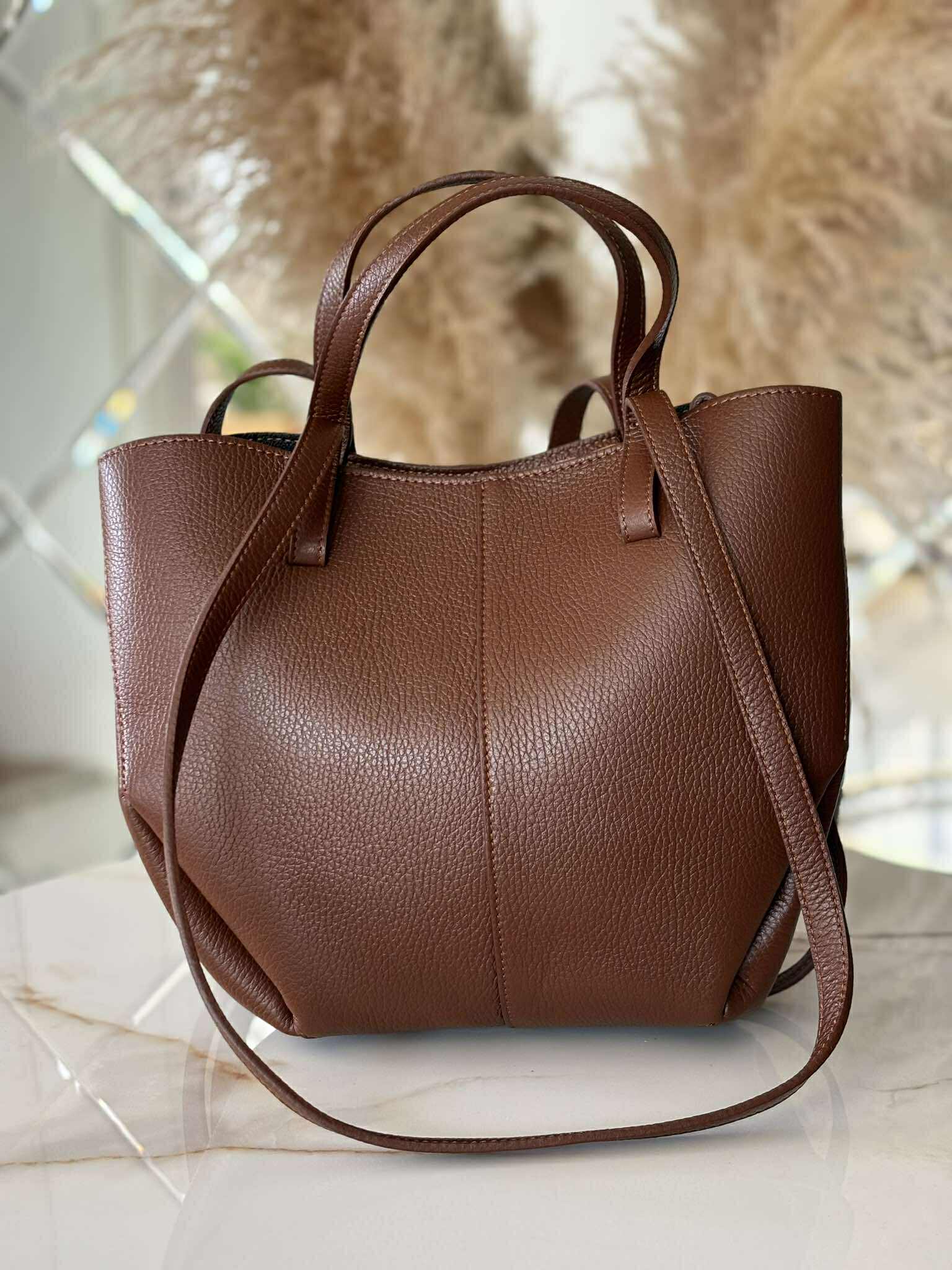 Torebka POLENKA skóra naturalna shopper kuferek 2w1 kasztanowa - obrazek 2