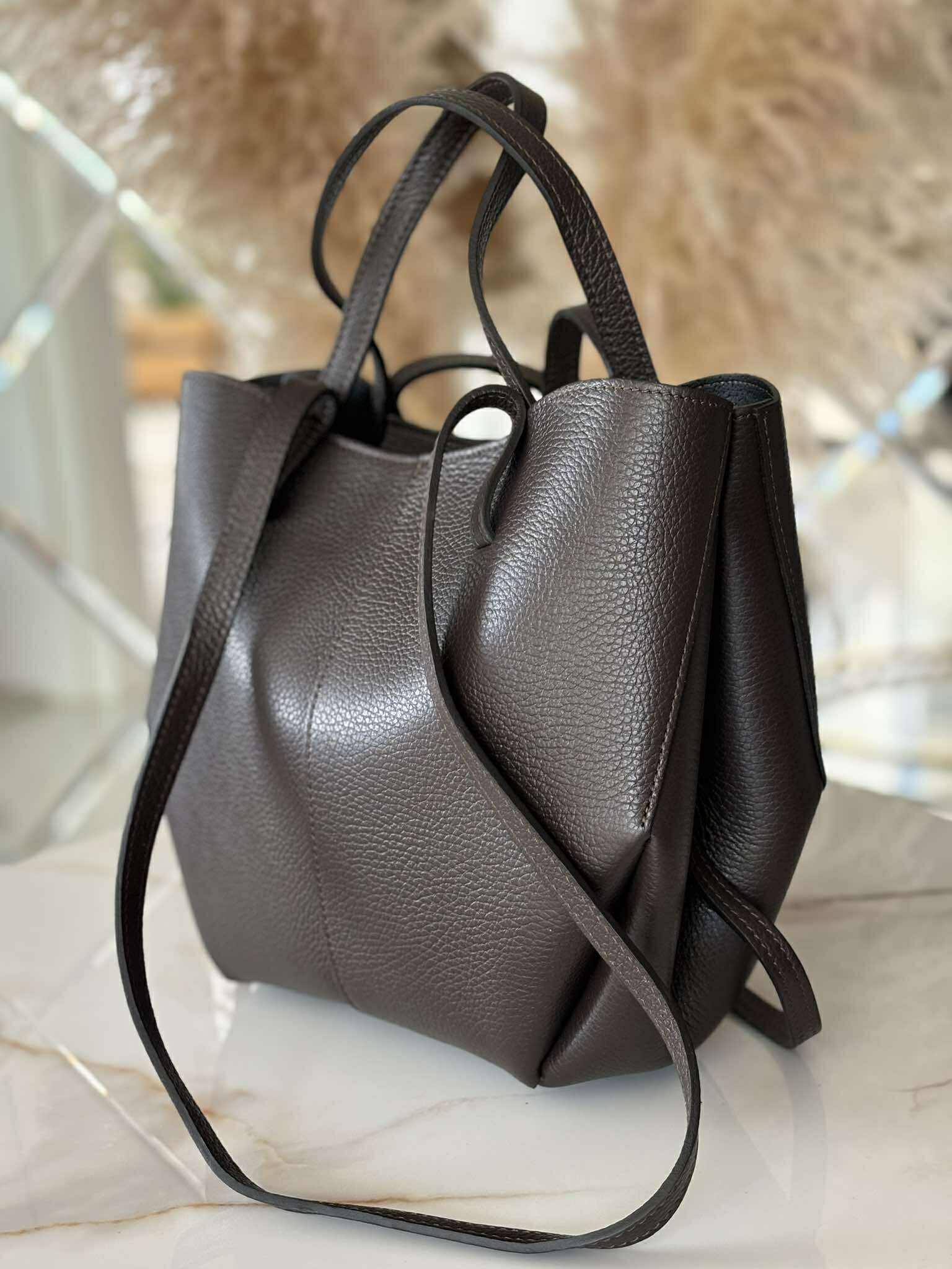 Torebka POLENKA skóra naturalna shopper kuferek 2w1 gorzka czekolada - obrazek 3
