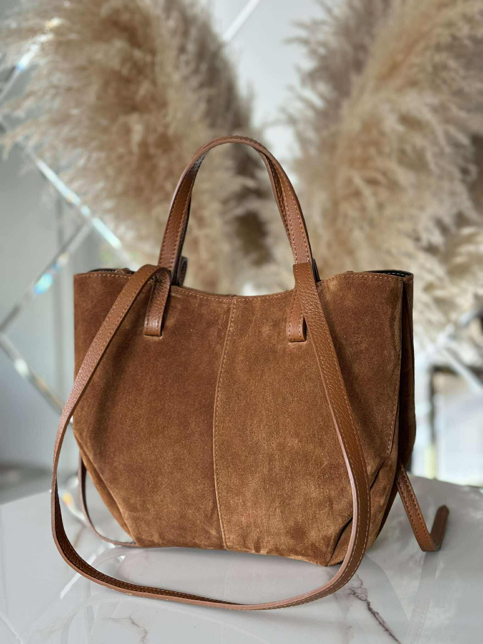 Torebka POLENKA skóra naturalna shopper kuferek 2w1 camel zamsz
