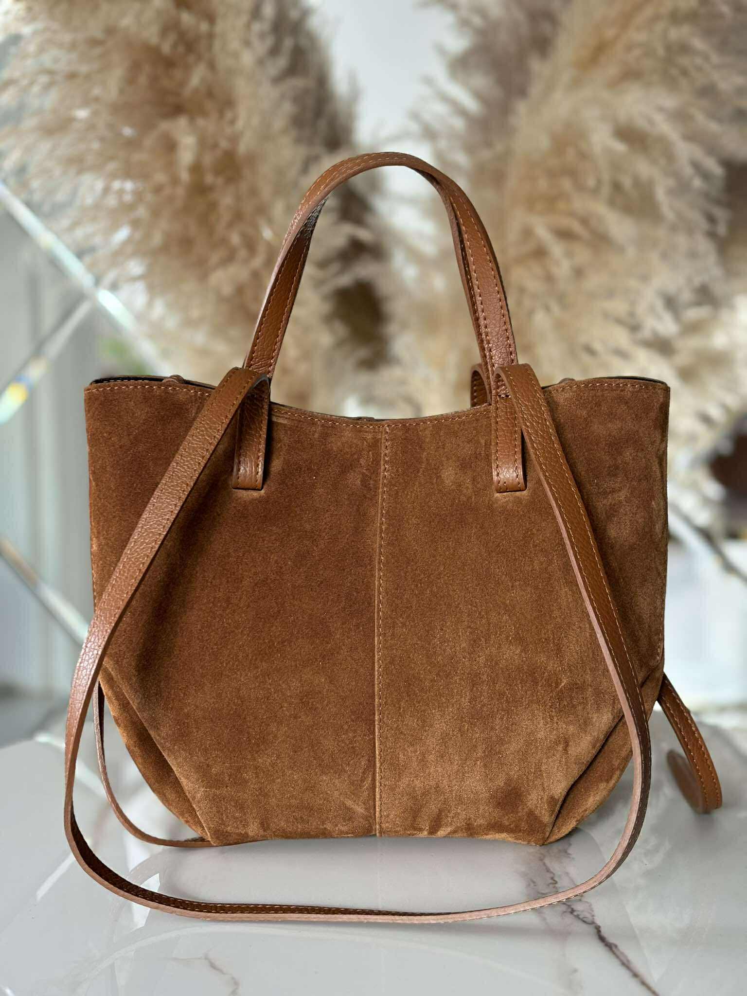 Torebka POLENKA skóra naturalna shopper kuferek 2w1 camel zamsz - obrazek 2