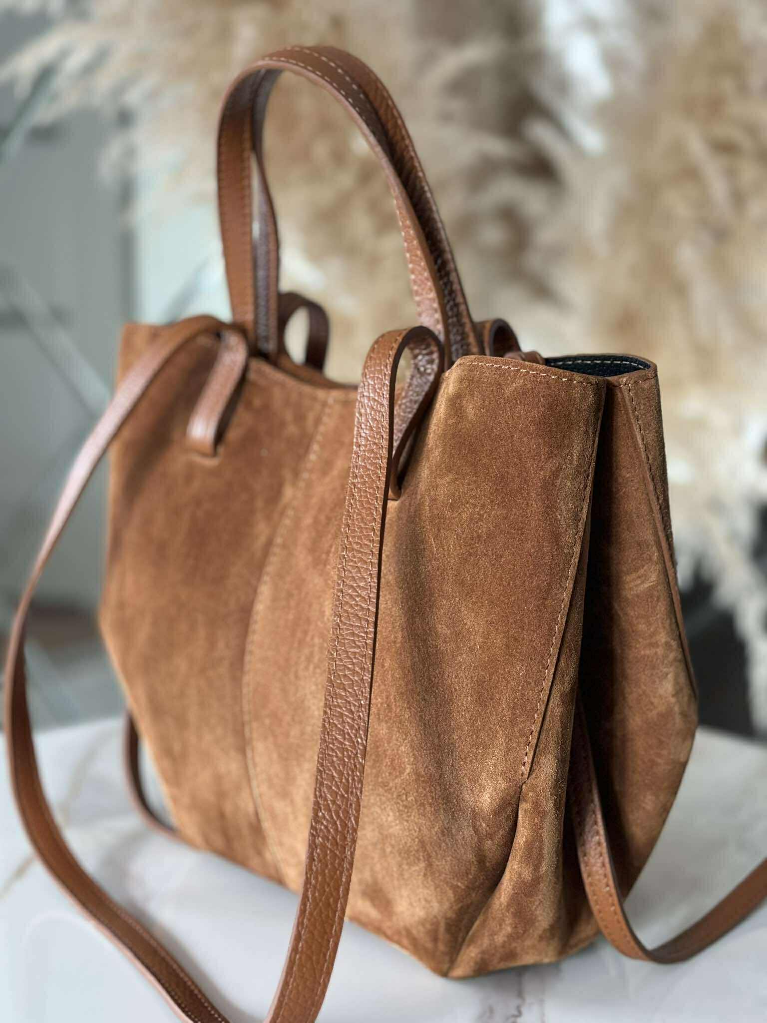 Torebka POLENKA skóra naturalna shopper kuferek 2w1 camel zamsz - obrazek 3