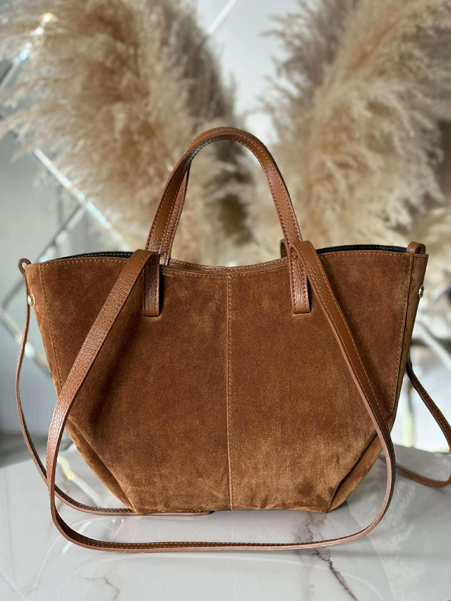 Torebka POLENKA skóra naturalna shopper kuferek 2w1 camel zamsz - obrazek 5