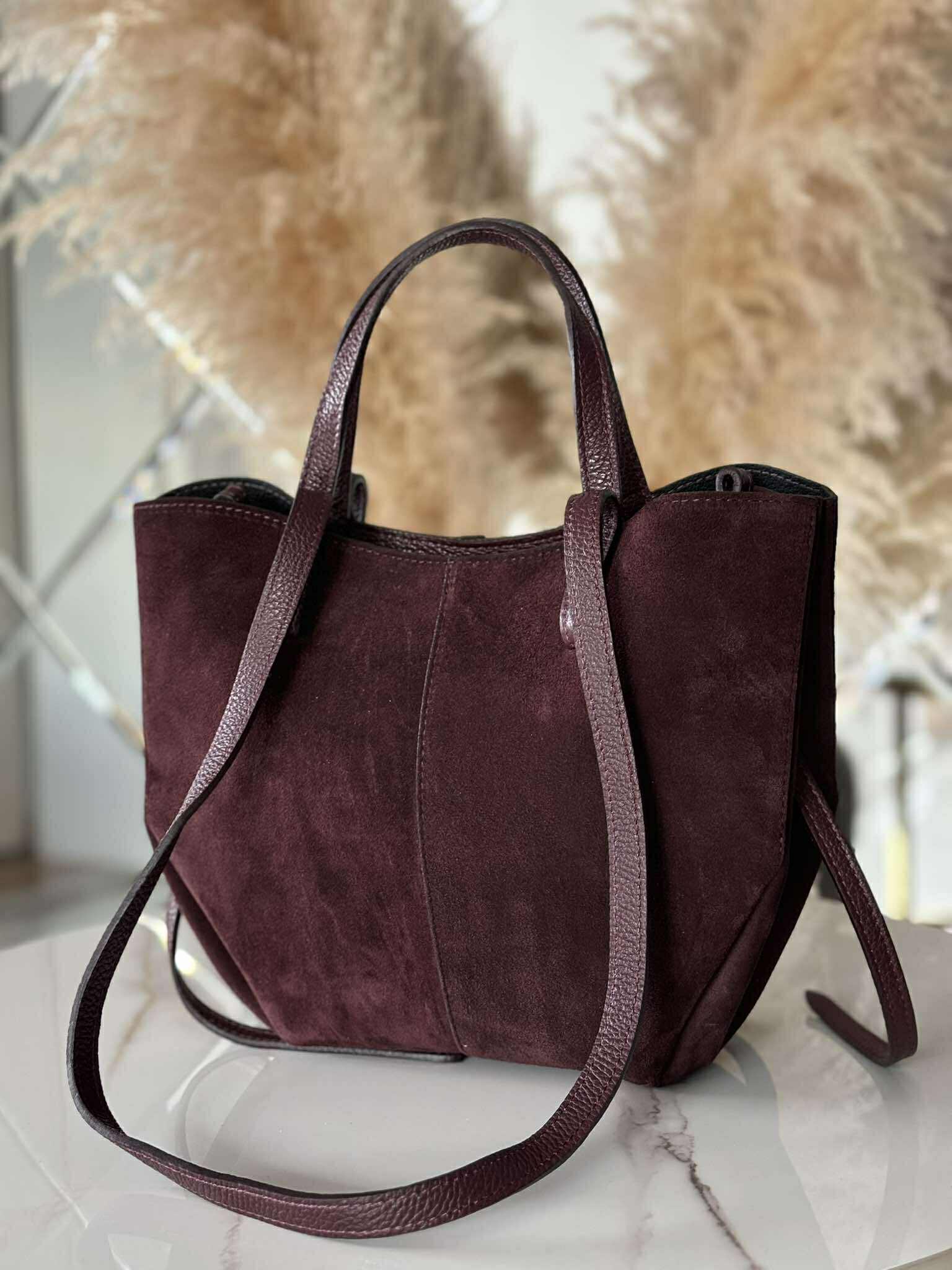 Torebka POLENKA skóra naturalna shopper kuferek 2w1 ciemne bordo zamsz