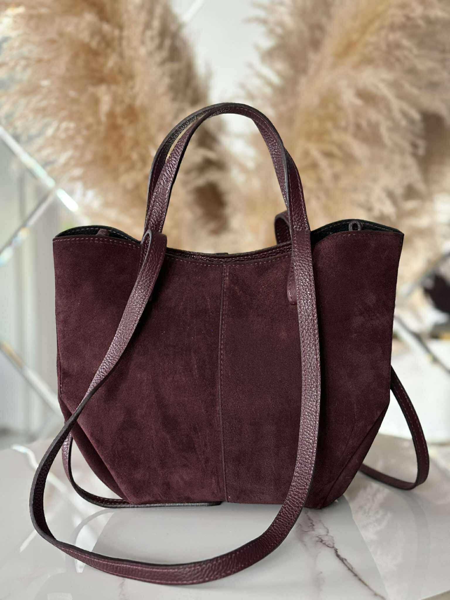 Torebka POLENKA skóra naturalna shopper kuferek 2w1 ciemne bordo zamsz - obrazek 2