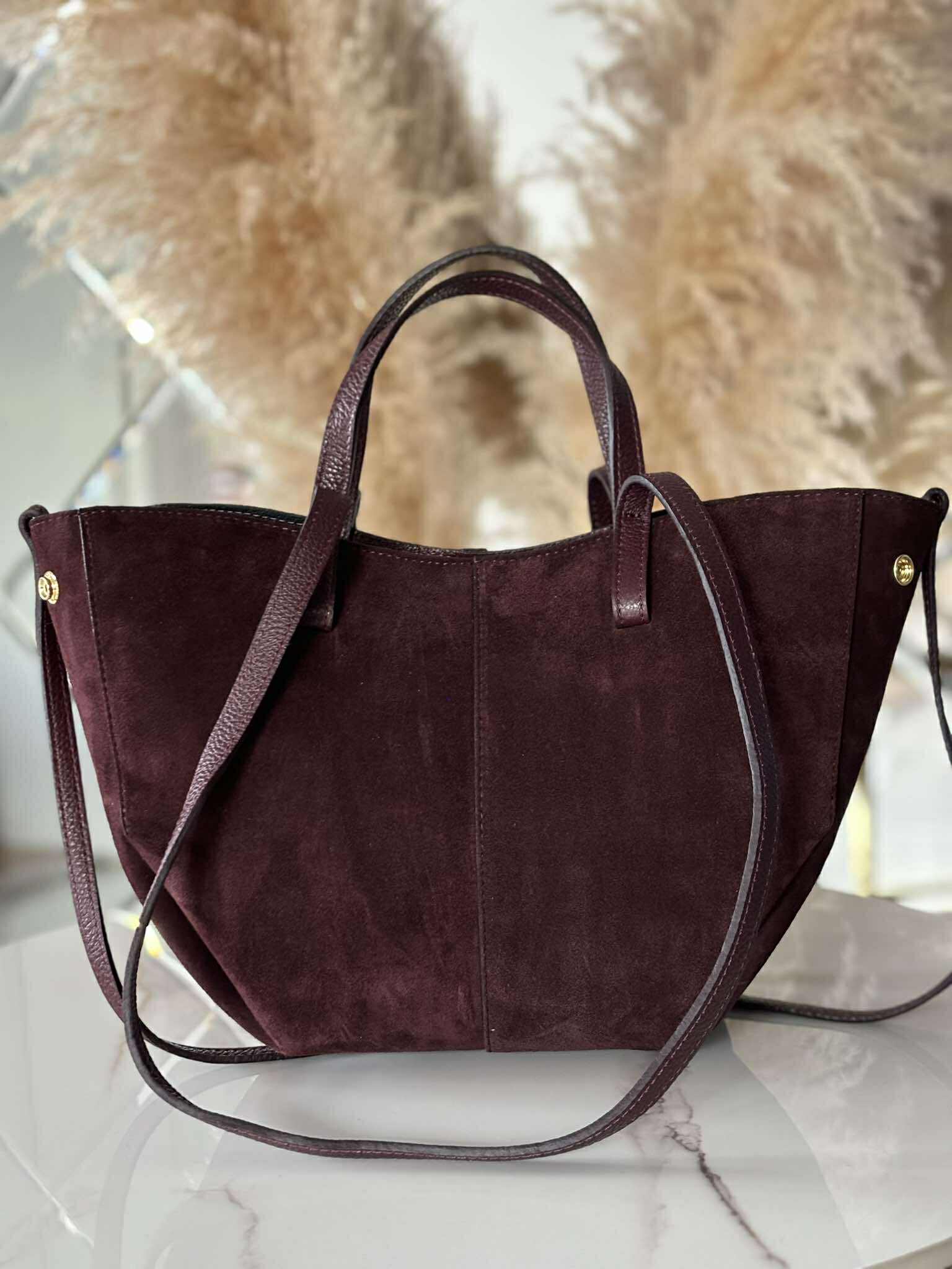 Torebka POLENKA skóra naturalna shopper kuferek 2w1 ciemne bordo zamsz - obrazek 5