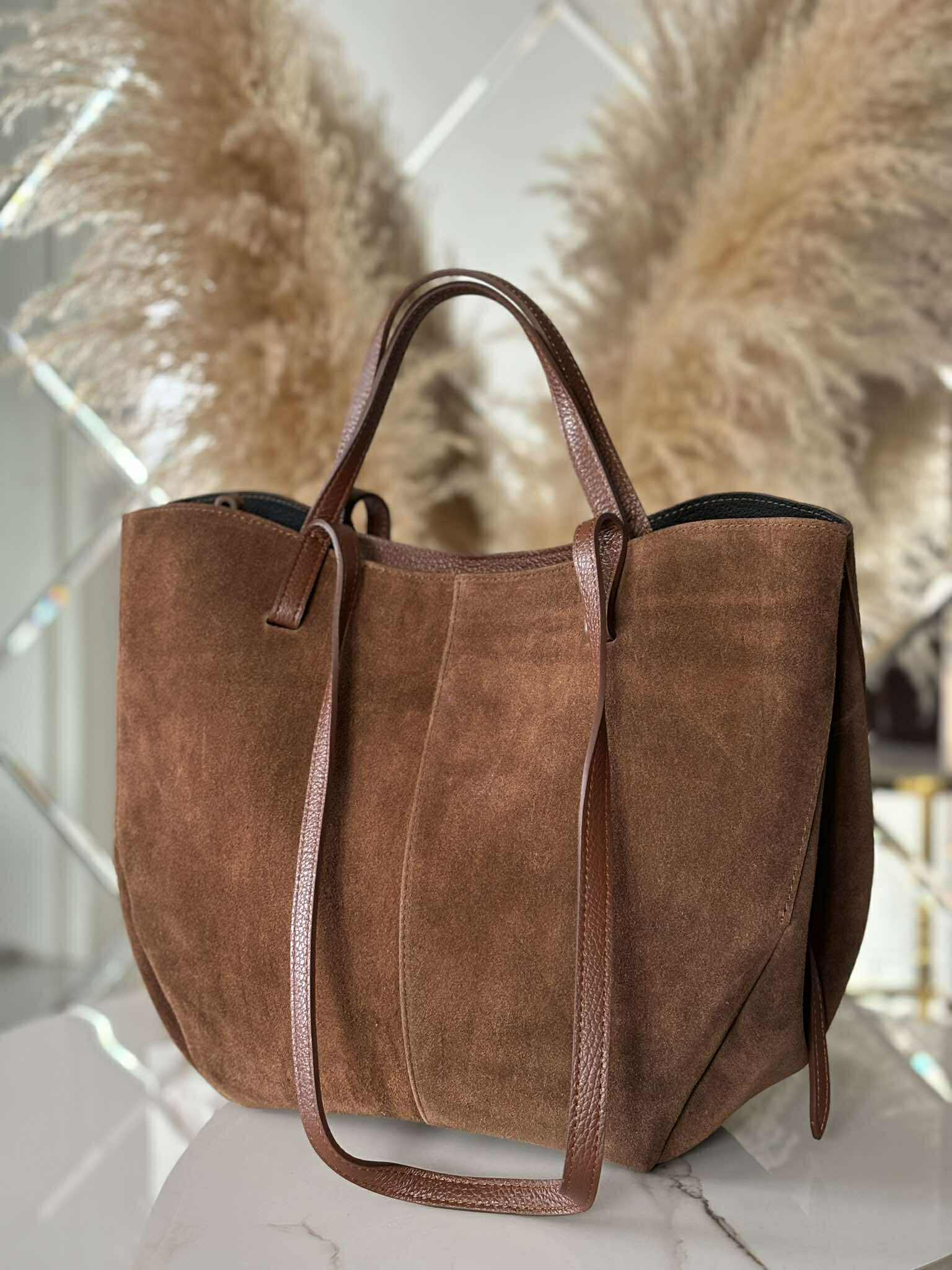 Torebka POLENKA większa skóra naturalna shopper 2w1 brązowa czekolada zamsz