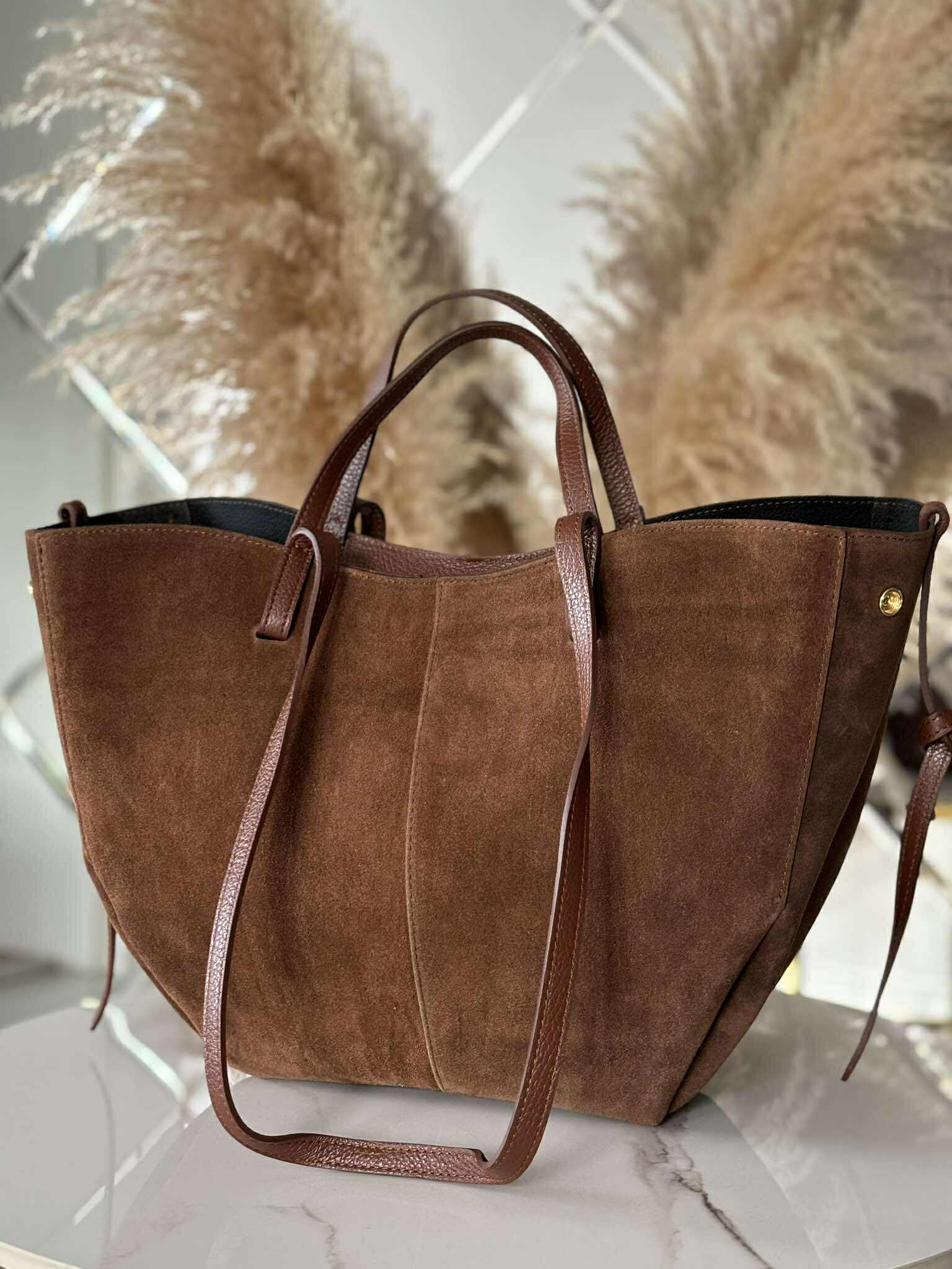 Torebka POLENKA większa skóra naturalna shopper 2w1 brązowa czekolada zamsz - obrazek 4