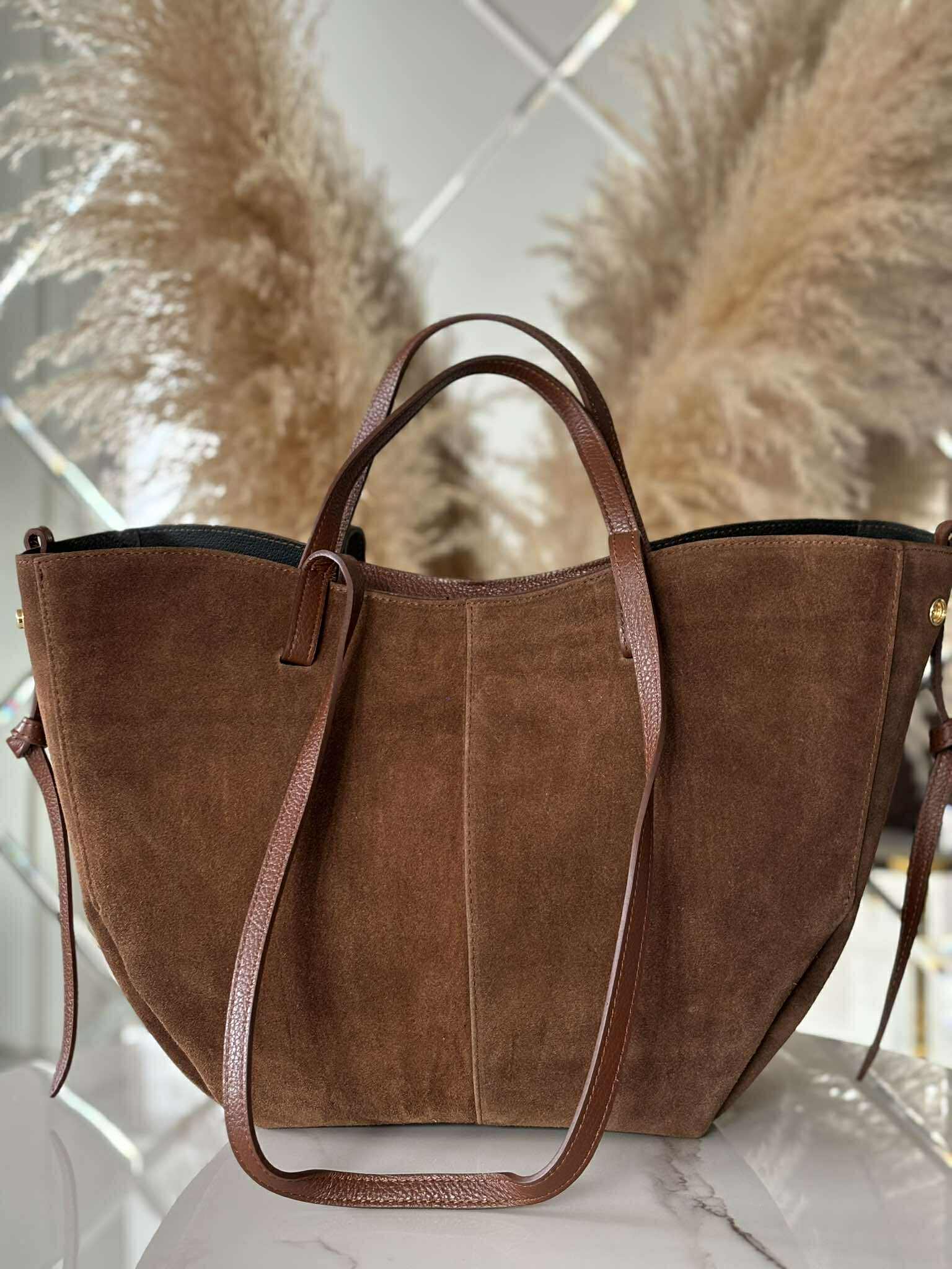 Torebka POLENKA większa skóra naturalna shopper 2w1 brązowa czekolada zamsz - obrazek 5