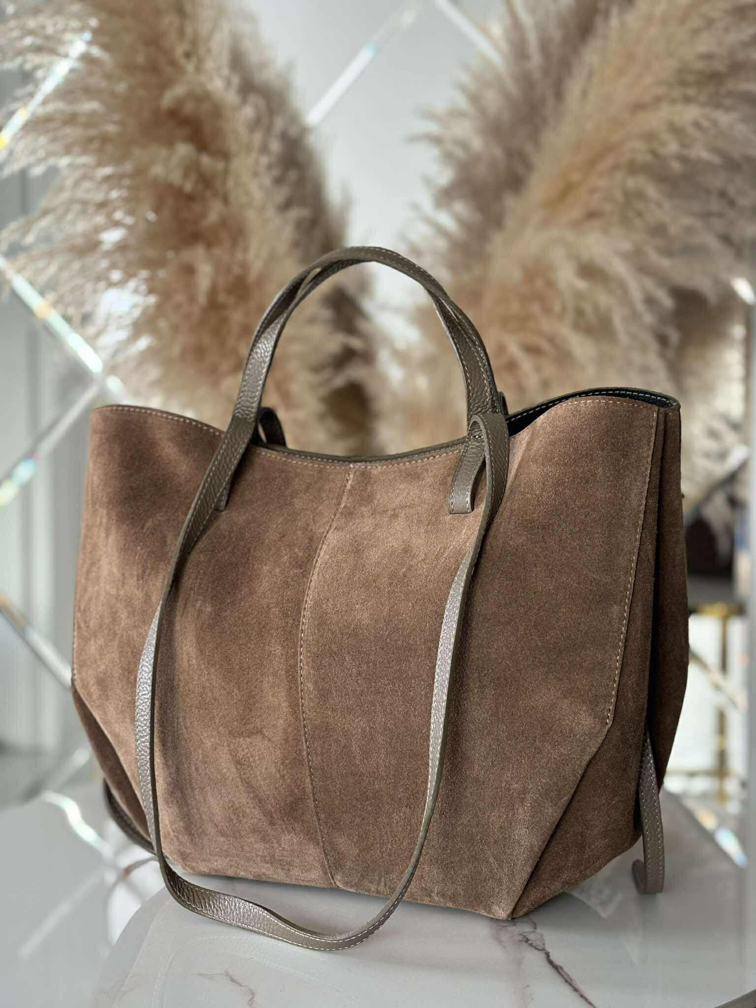 Torebka POLENKA większa skóra naturalna shopper 2w1 mokka zamsz