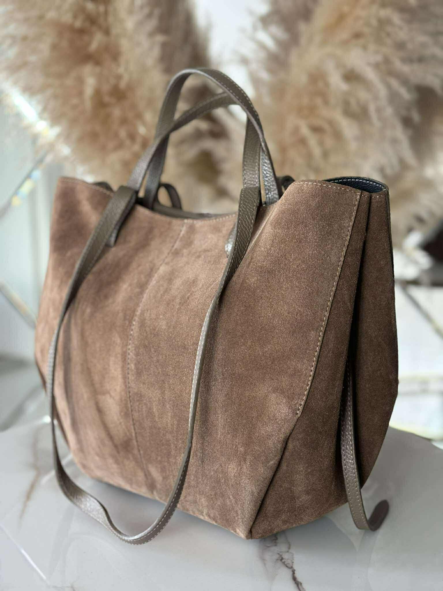 Torebka POLENKA większa skóra naturalna shopper 2w1 mokka zamsz - obrazek 3