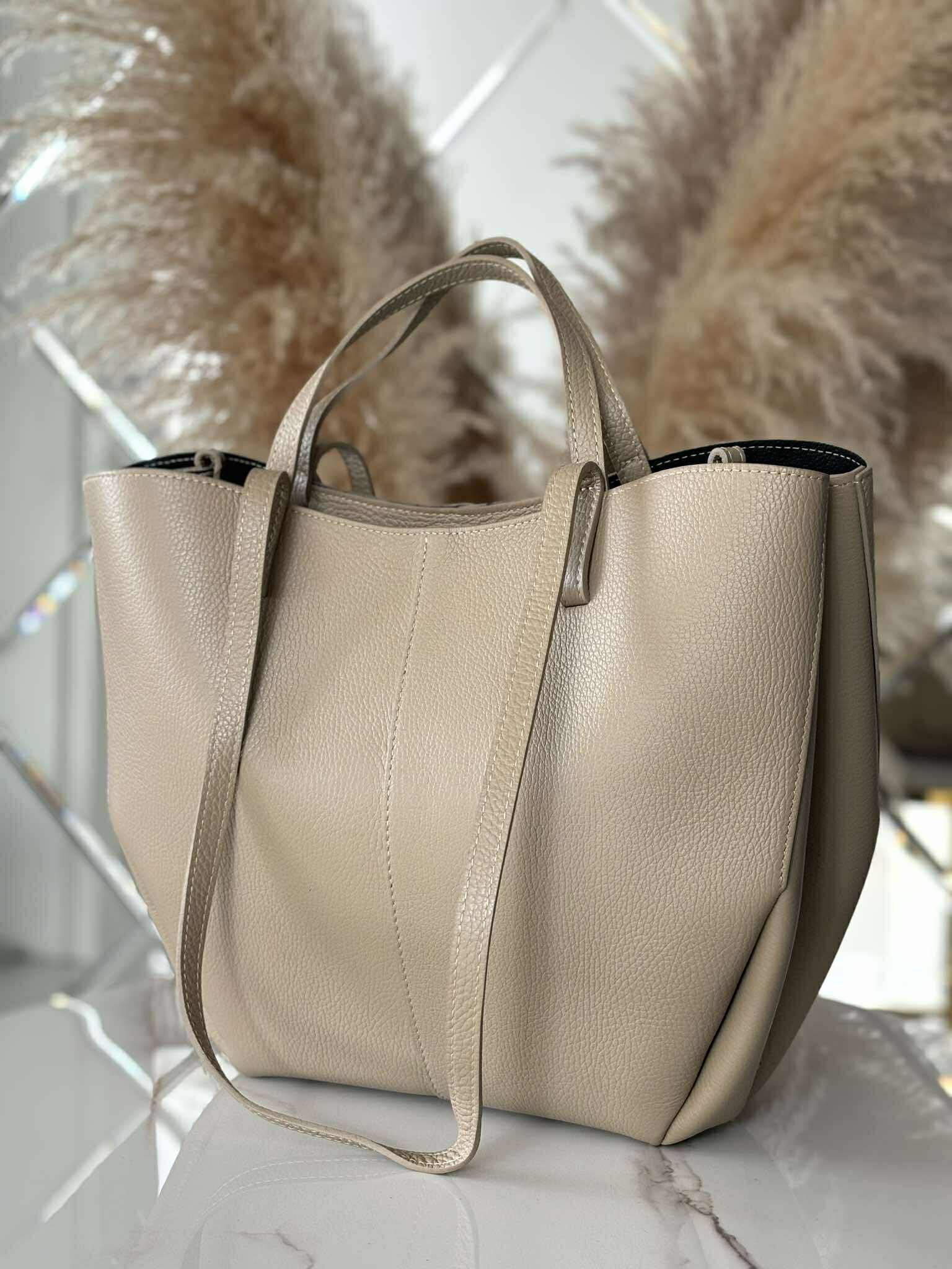 Torebka POLENKA większa skóra naturalna shopper 2w1 beżowa