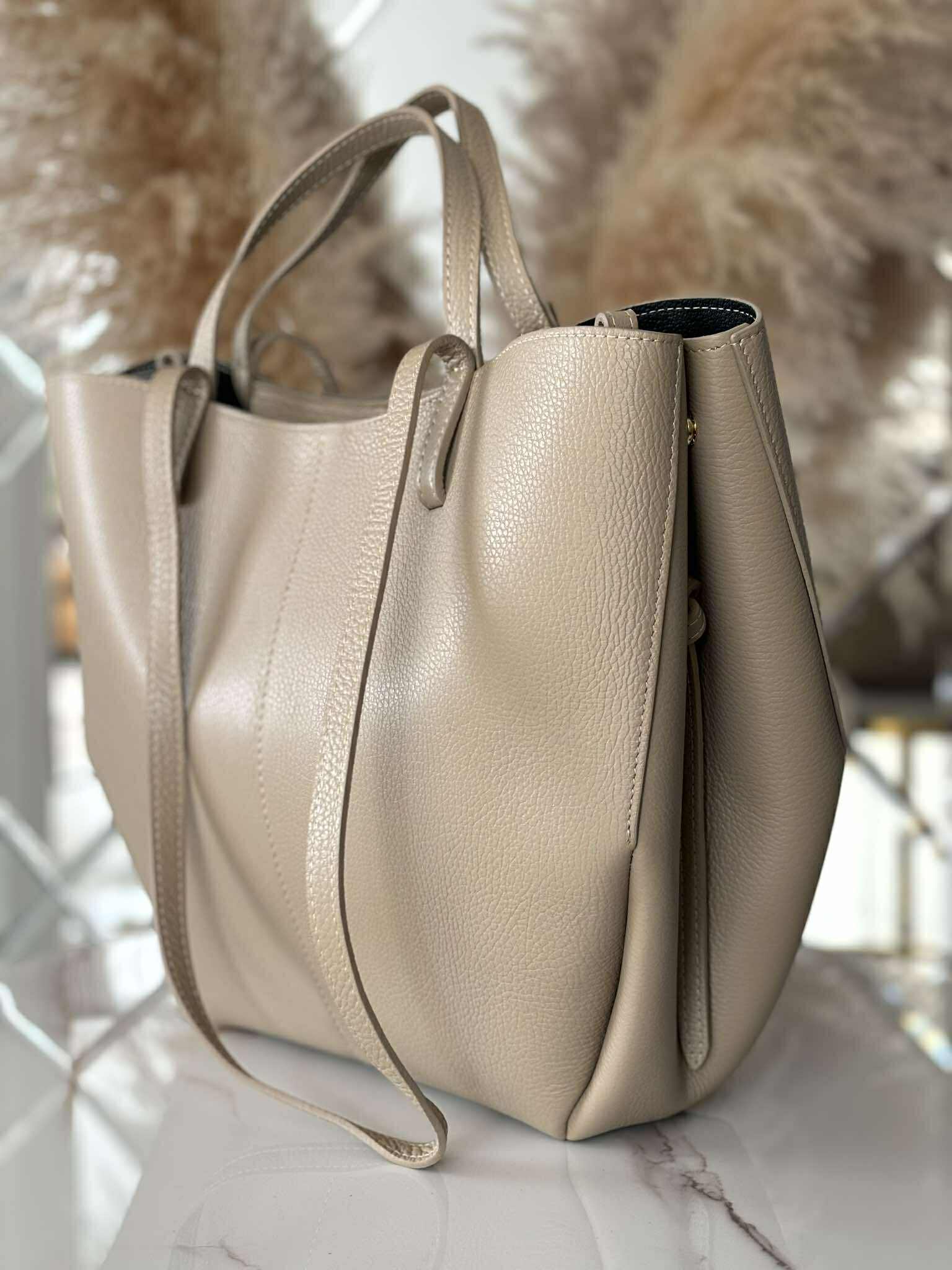 Torebka POLENKA większa skóra naturalna shopper 2w1 beżowa - obrazek 3