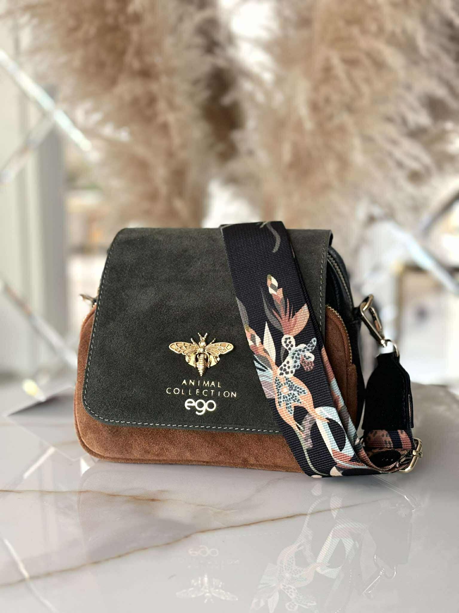 Torebka EGO pszczółka skóra naturalna czarna camel khaki