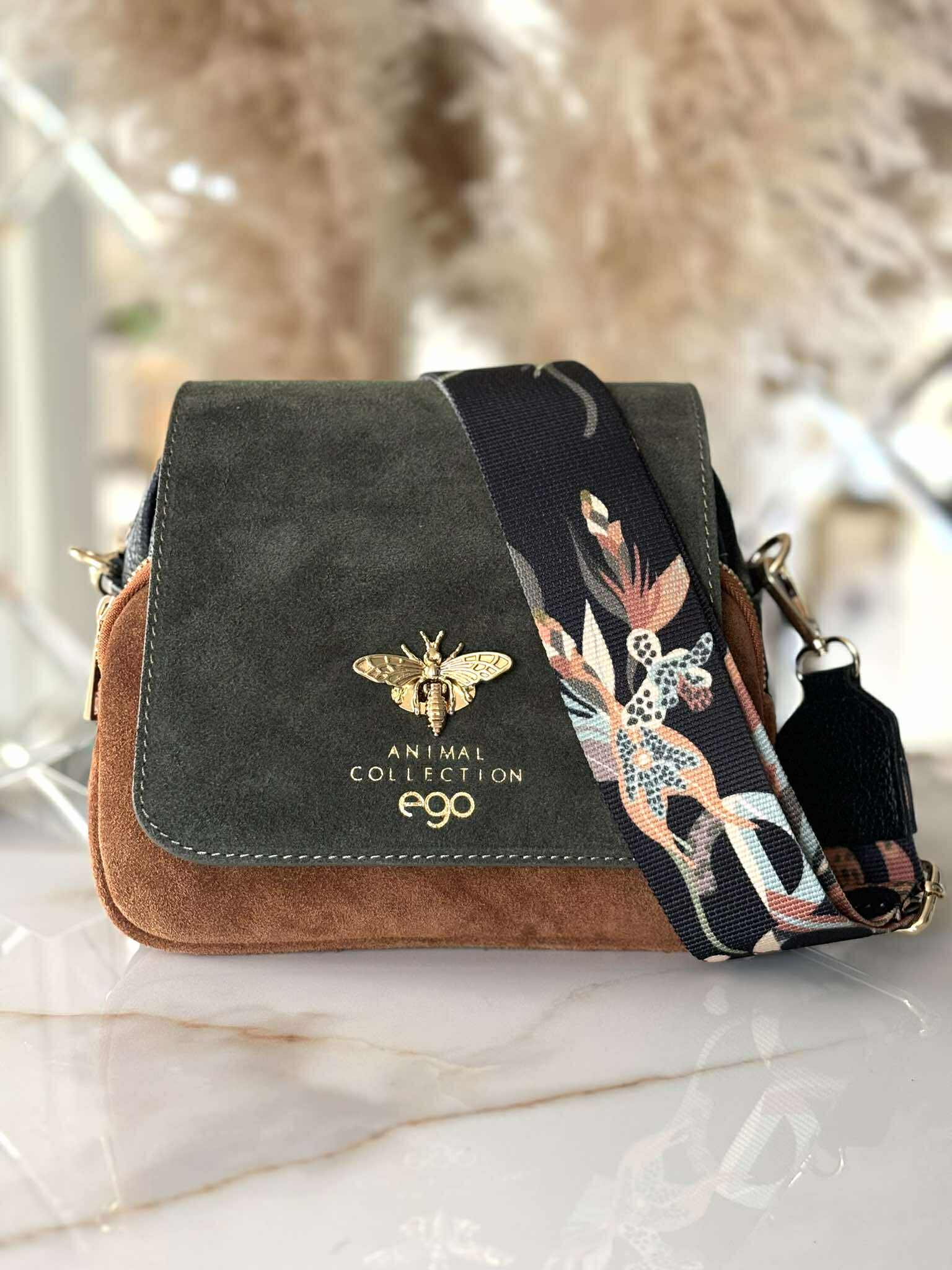 Torebka EGO pszczółka skóra naturalna czarna camel khaki - obrazek 2