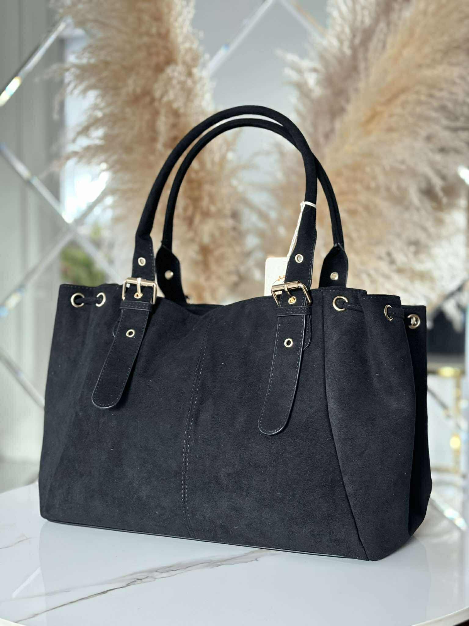 Torebka skóra ekologiczna BESTINI shopper czarna zamsz