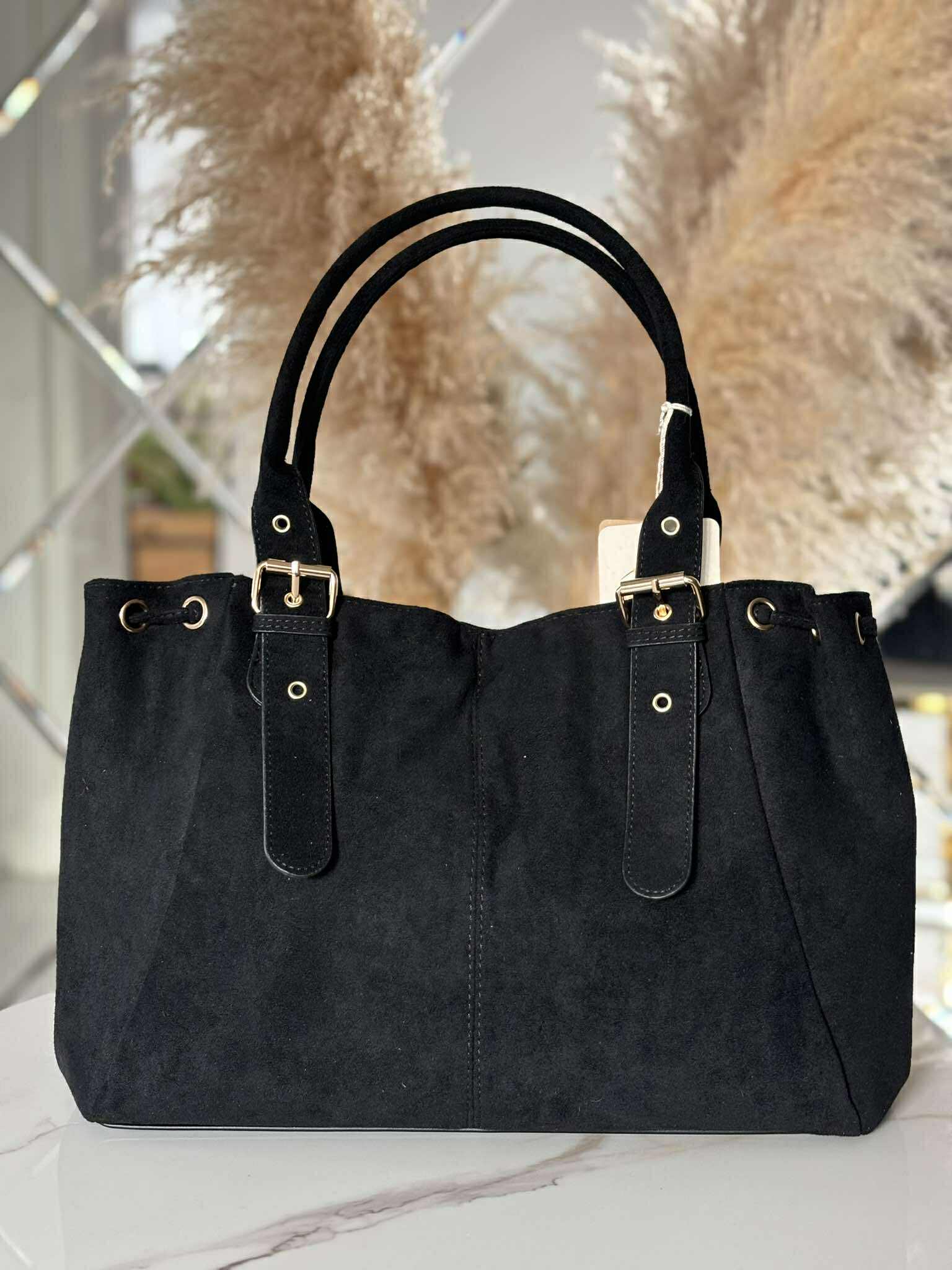Torebka skóra ekologiczna BESTINI shopper czarna zamsz - obrazek 2