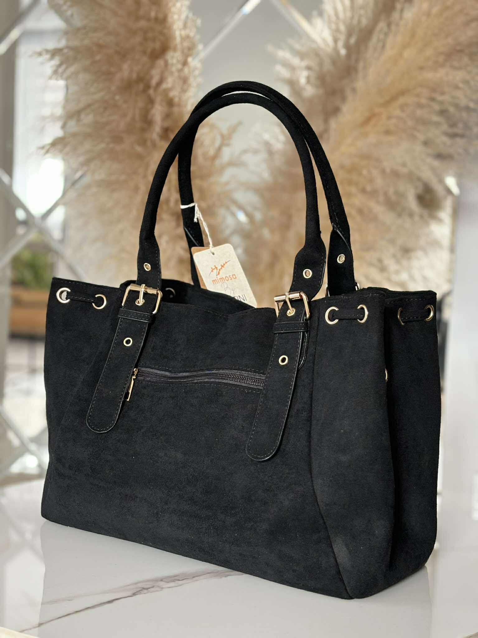 Torebka skóra ekologiczna BESTINI shopper czarna zamsz - obrazek 3