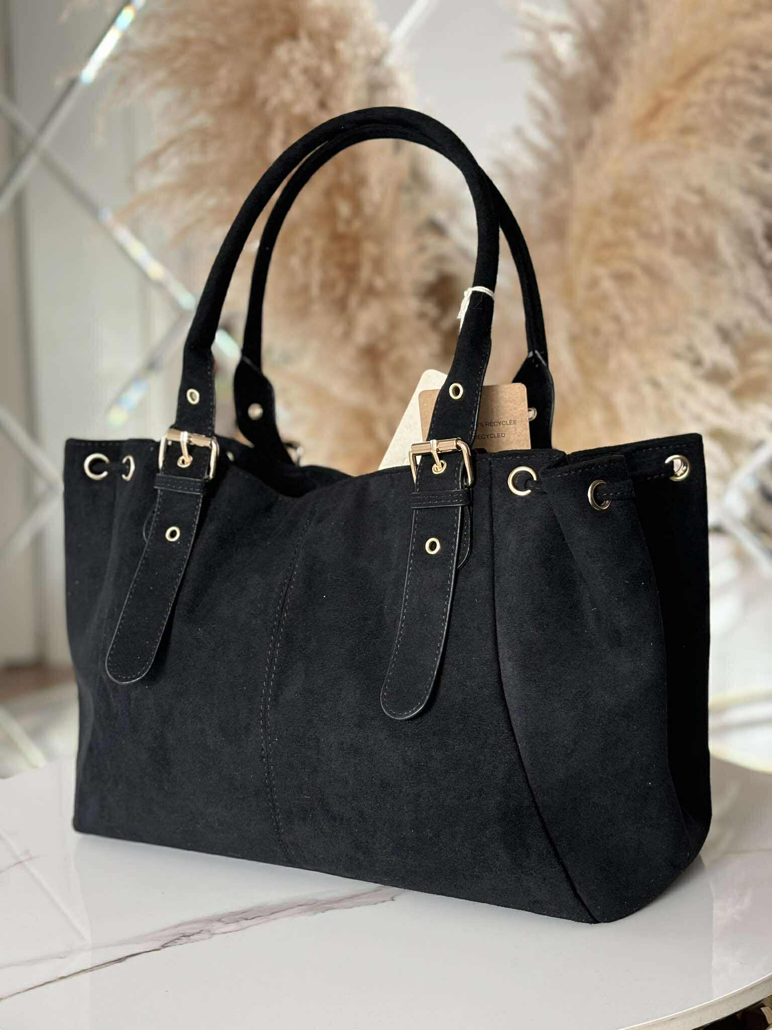 Torebka skóra ekologiczna BESTINI shopper czarna zamsz - obrazek 4