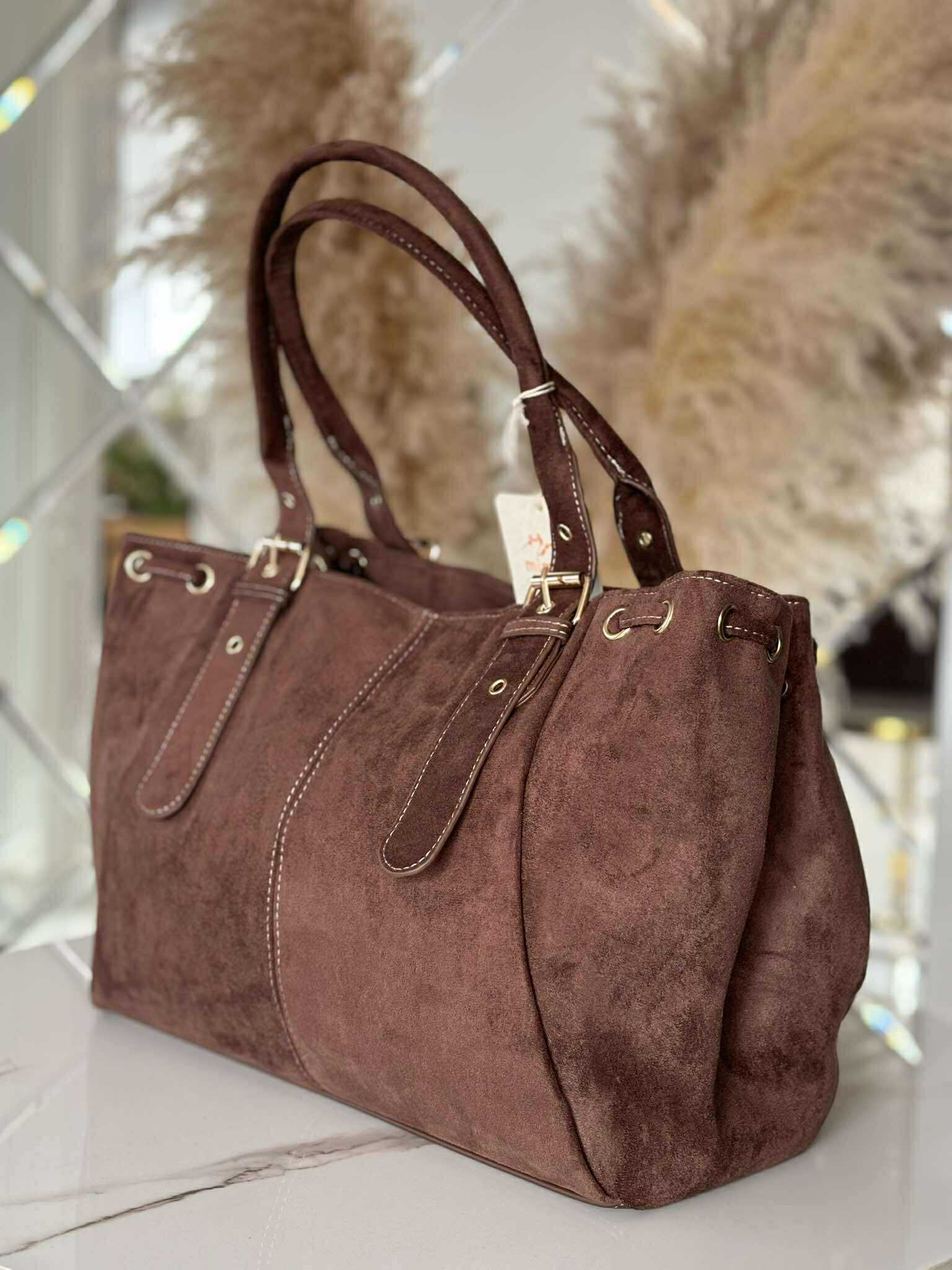 Torebka skóra ekologiczna BESTINI shopper gorzka czekolada zamsz - obrazek 3