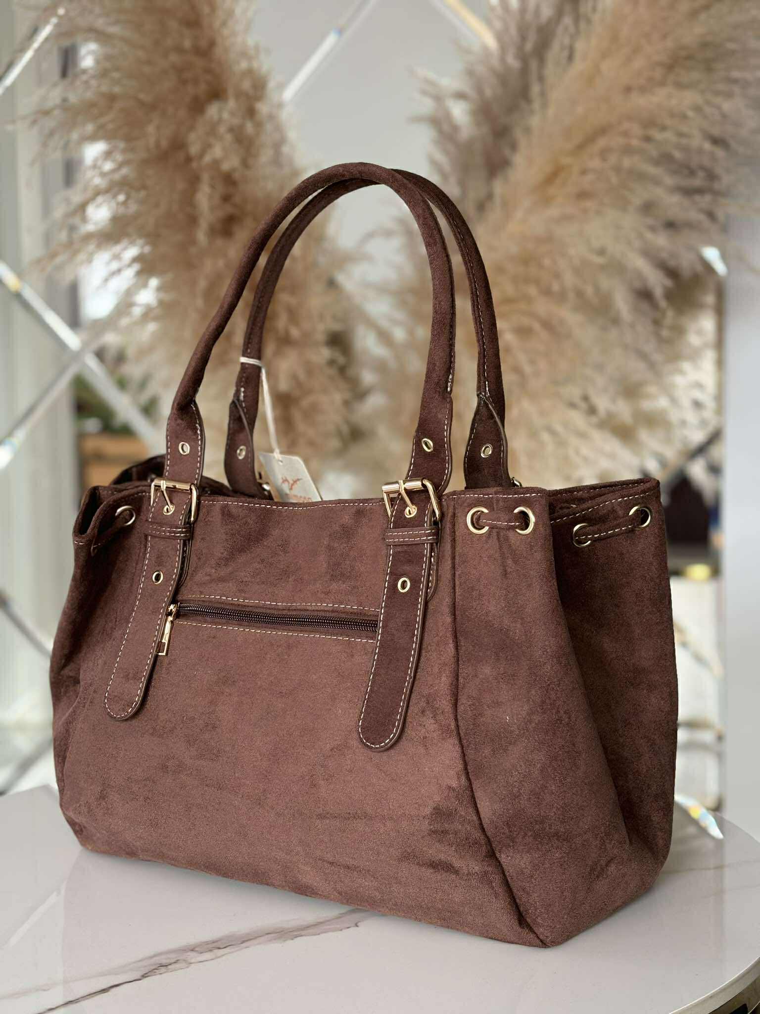 Torebka skóra ekologiczna BESTINI shopper gorzka czekolada zamsz - obrazek 4